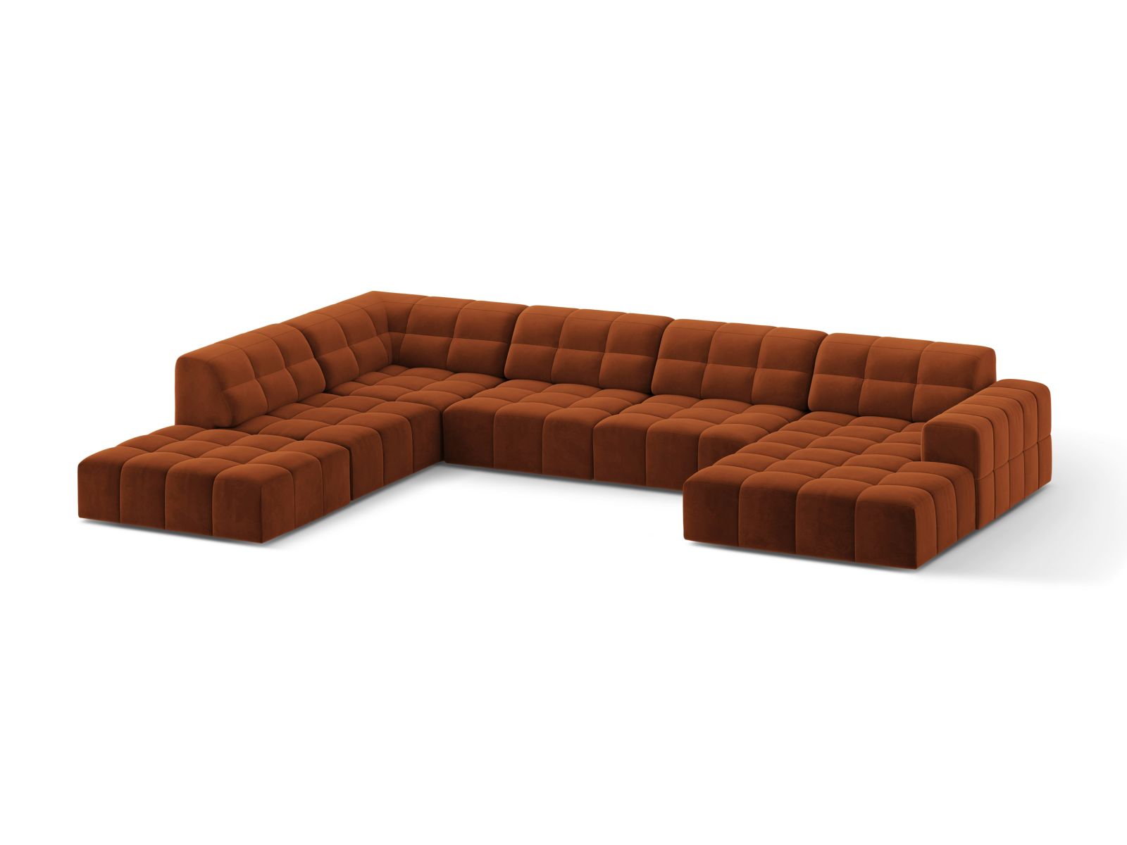 Elegantes 7-Sitzer Ecksofa links Jennifer in warmem Terracotta-Bluvel, ideal für stilvolle Wohnräume und gemütliche Abende.