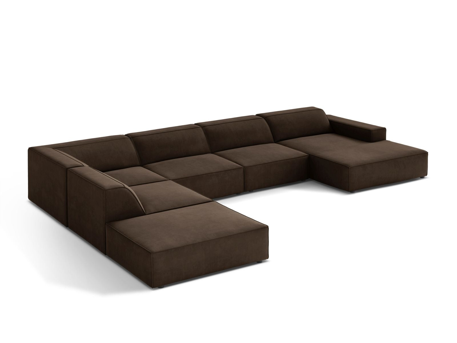 Elegantes, modulares Ecksofa Jodie in hochwertigem Velours, linksseitig, in warmem Braun, ideal für stilvolle Wohnräume.