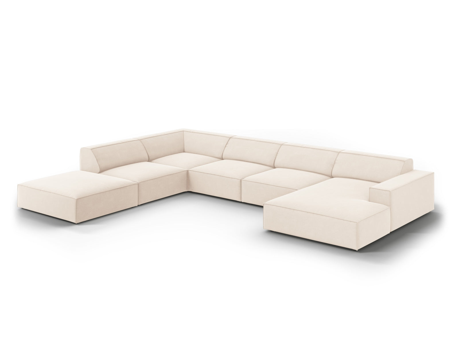 Modulares 7-Sitzer Ecksofa Jodie in sanftem Beige, perfekt für moderne Wohnzimmer. Hochwertiger Velourstoff und stilvolles Design.