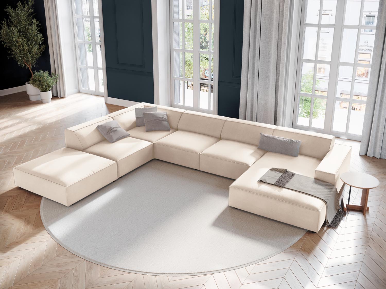 Elegantes, modulares Ecksofa Jodie in Light Beige-Bluvel, ideal für stilvolle Wohnräume. 7-Sitzer mit luxuriösem Velourbezug.