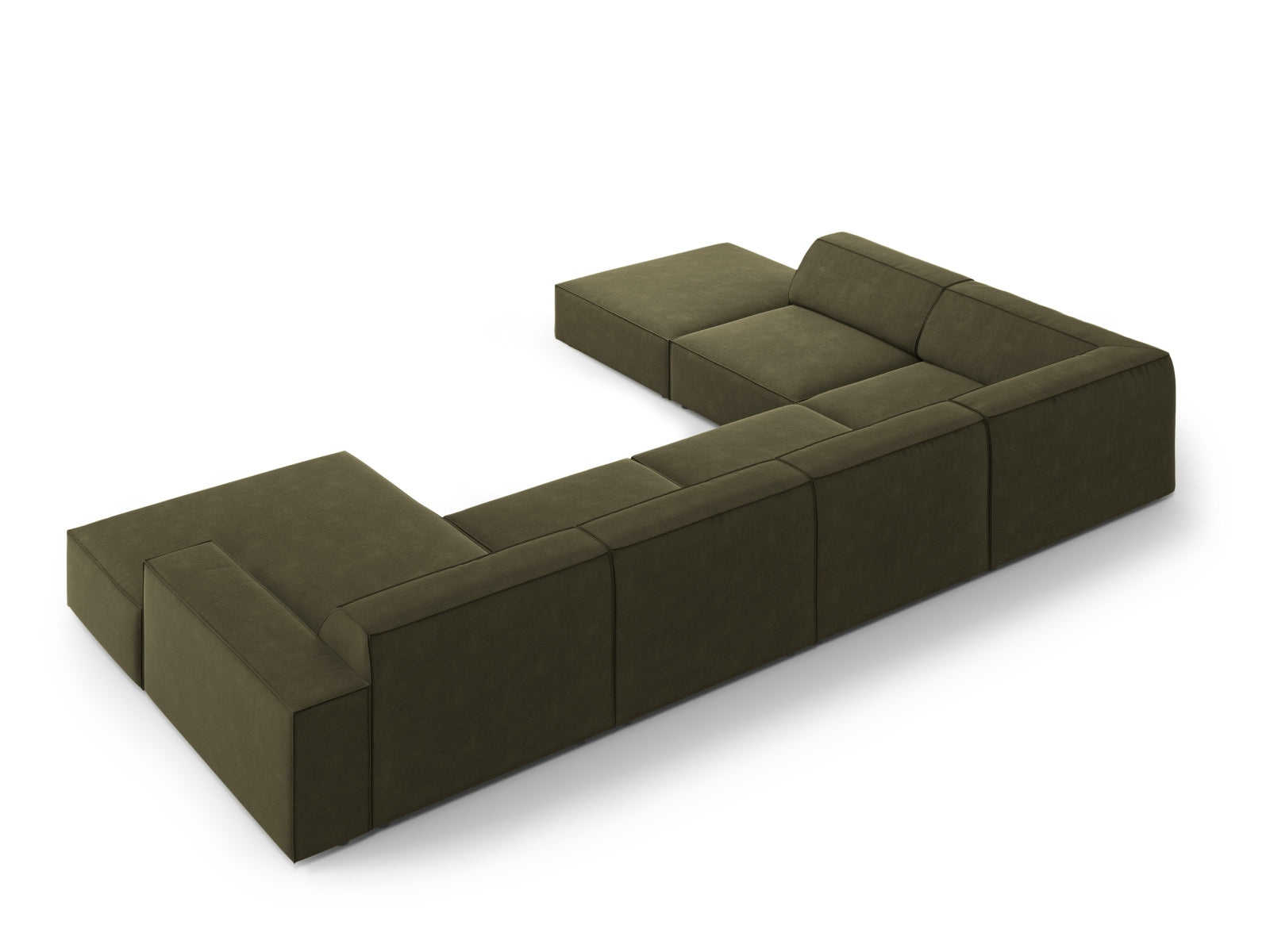 Elegantes, modulares 7-Sitzer Ecksofa Jodie in hochwertigem Velours, linksseitig, in stilvollem Grün-Blau für zeitgemäße Wohnräume.