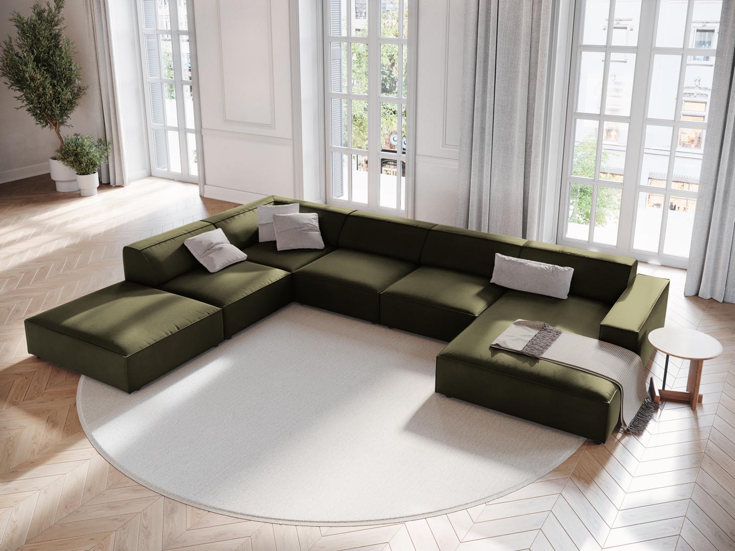 Elegantes Jodie Velour Ecksofa in Grün-Blau, 7-Sitzer, modulares Design für stilvolle Wohnräume, präsentiert von Micadoni.