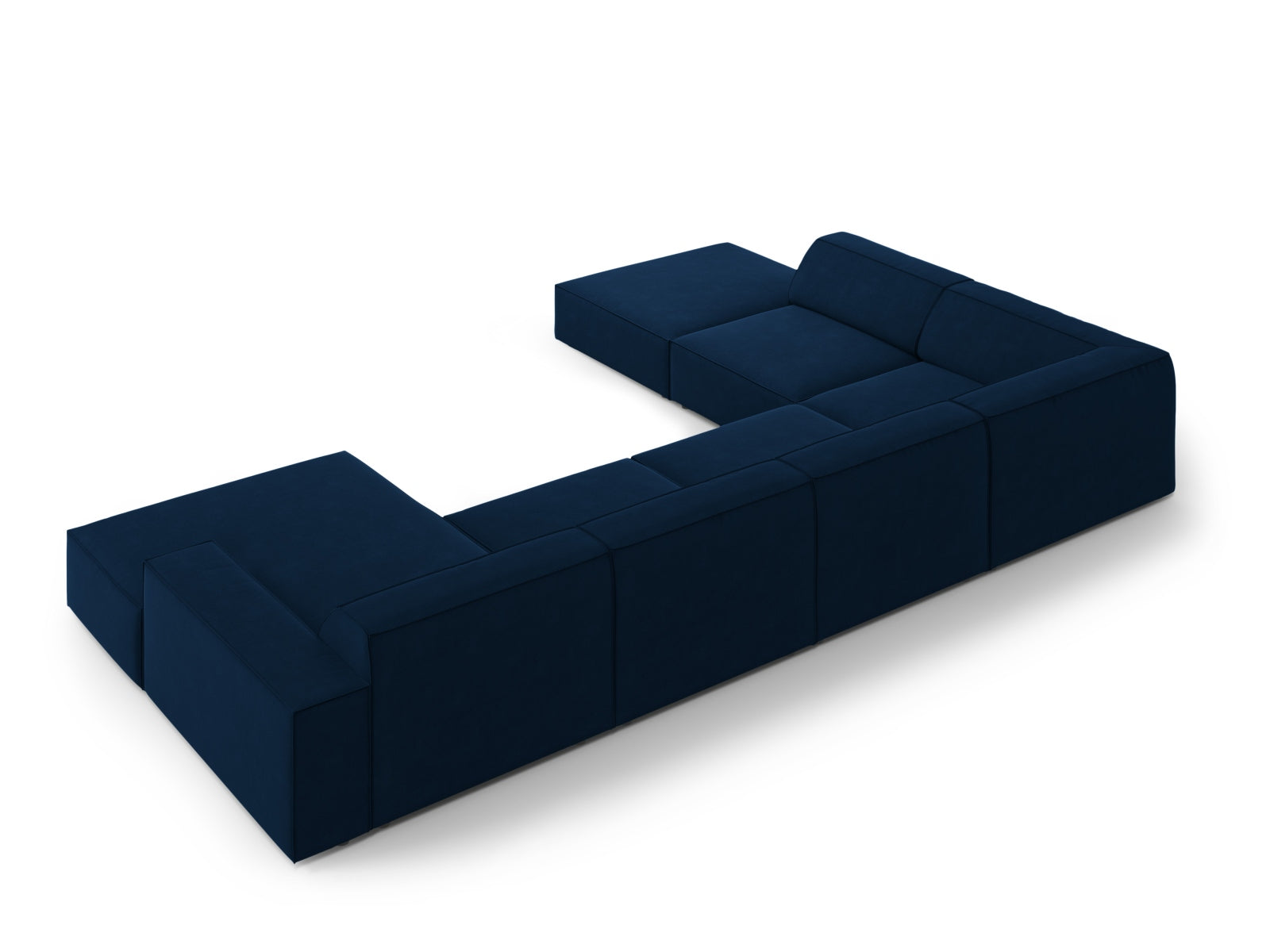 Elegantes modulares Ecksofa Jodie in Royal Blue, 7-Sitzer, aus weichem Velours, perfekt für stilvolle Wohnzimmergestaltung.