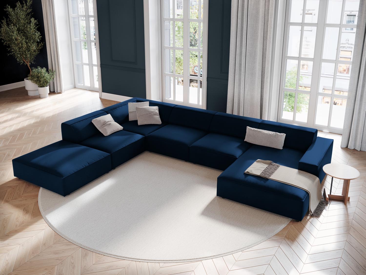 Elegantes Jodie Velour Ecksofa in Royal Blue, 7-Sitzer, modulares Design für stilvolle Wohnräume, präsentiert von KAQTU Design AG.