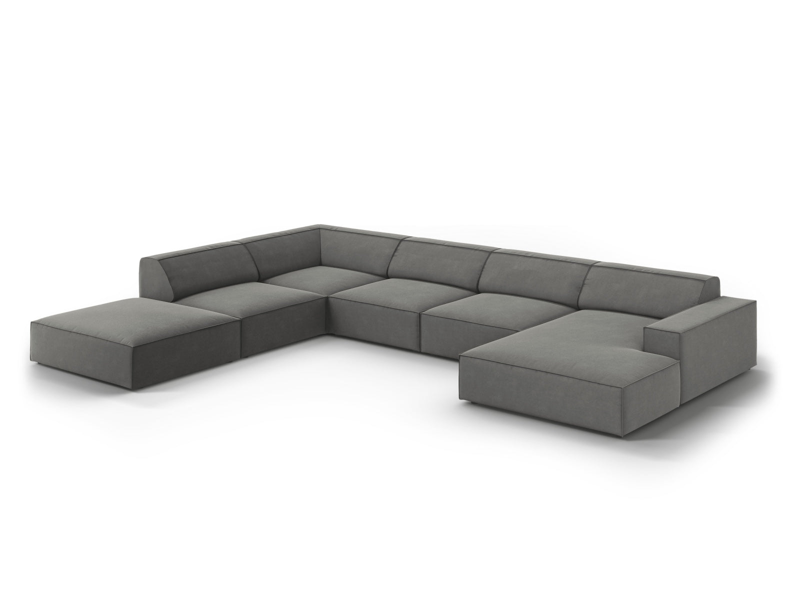 Modulares 7-Sitzer Ecksofa Jodie Velour in modernem Design, linksseitig, in sanftem Grau, perfekt für gemütliche und stilvolle Wohnlandschaften.