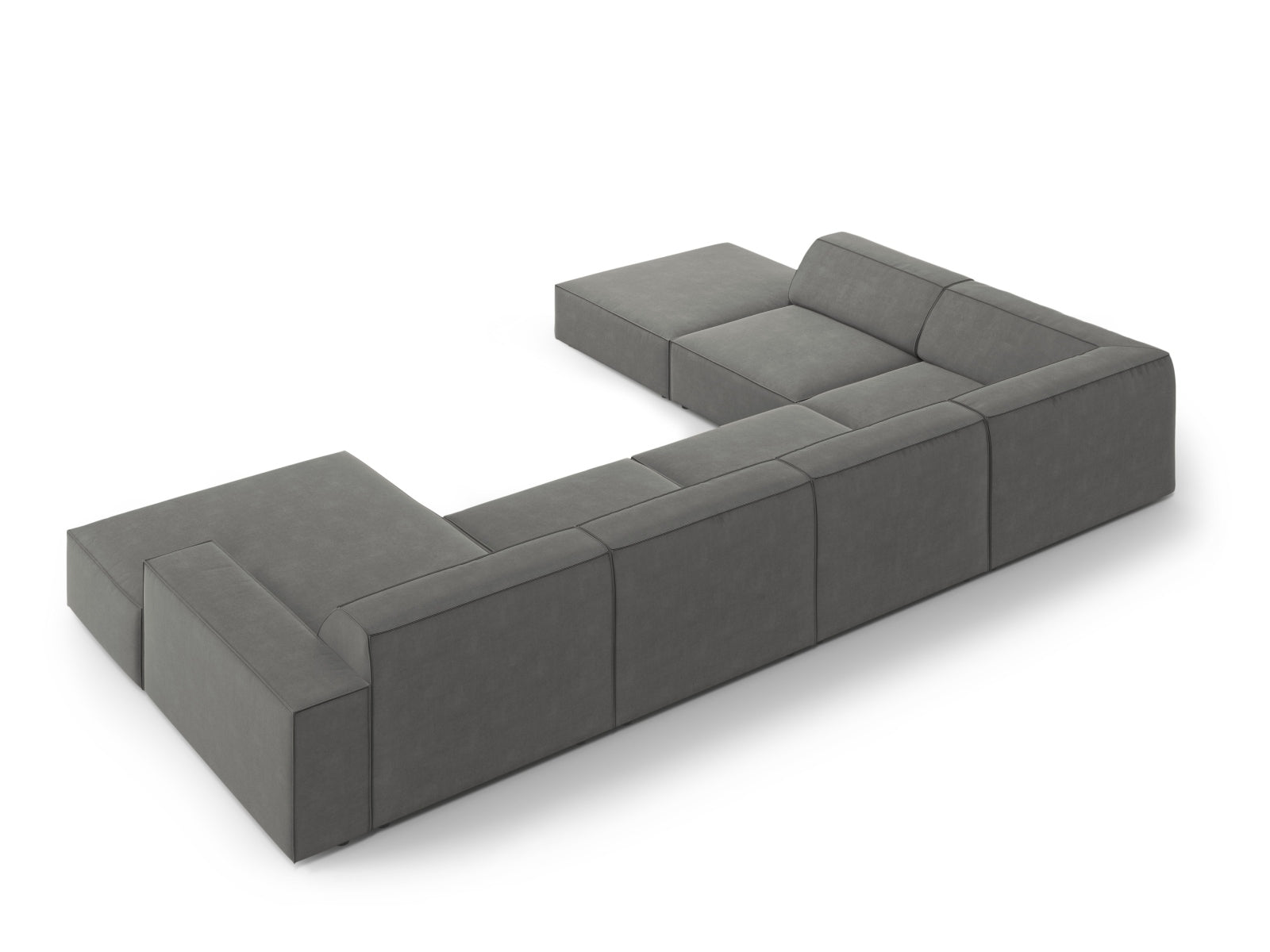 Elegantes, modulares 7-Sitzer Ecksofa Jodie Velour in sanftem Grau, linksseitig, ideal für stilvolle und einladende Wohnräume.