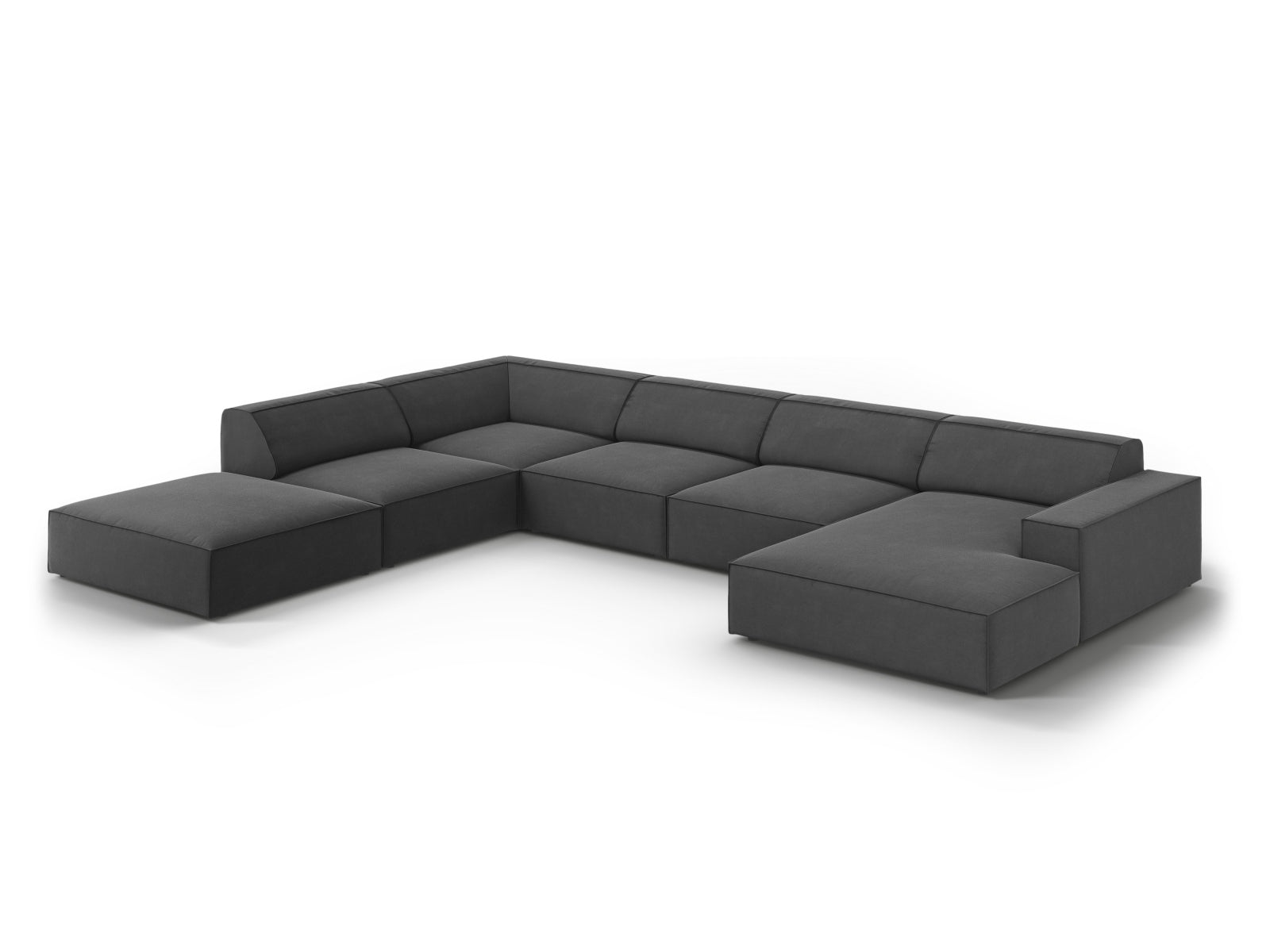 Modulares 7-Sitzer Ecksofa Jodie Velour in Grau-Blau, ideal für moderne Wohnräume, bietet Komfort und Stil in einer eleganten Form.