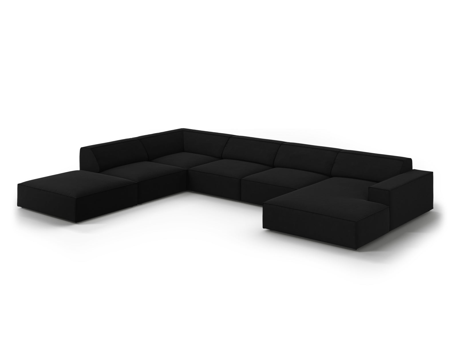 Modulares 7-Sitzer Ecksofa Jodie Velour in Schwarz-Bluvel, ideal für moderne Wohnräume, bietet Komfort und Stil.
