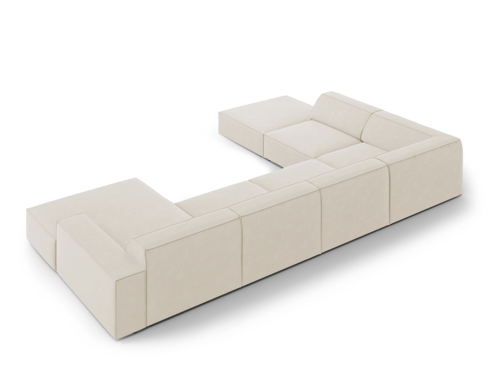 Elegantes, modulares 7-Sitzer Ecksofa Jodie Velour in sanftem Dunkelbeige, linksseitig, ideal für gemütliche und stilvolle Wohnräume.
