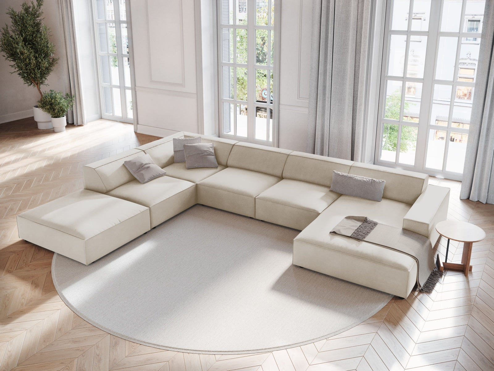Jodie Velour modulares Panoramic Ecksofa links 7 Sitzer in Dark Beige präsentiert im Onlineshop von KAQTU Design AG. Ecksofa links ist von Micadoni
