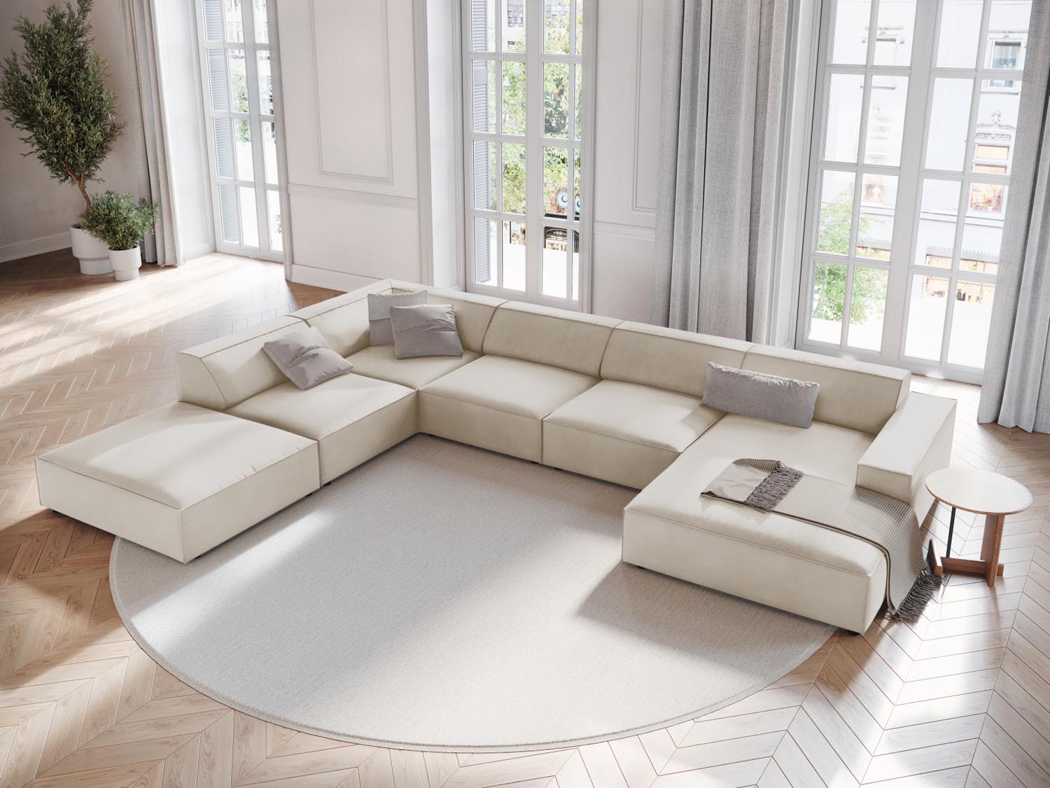 Elegantes Jodie Velour Ecksofa in Dunkelbeige, modulares Design, ideal für stilvolle Wohnräume, präsentiert als 7-Sitzer von Micadoni.