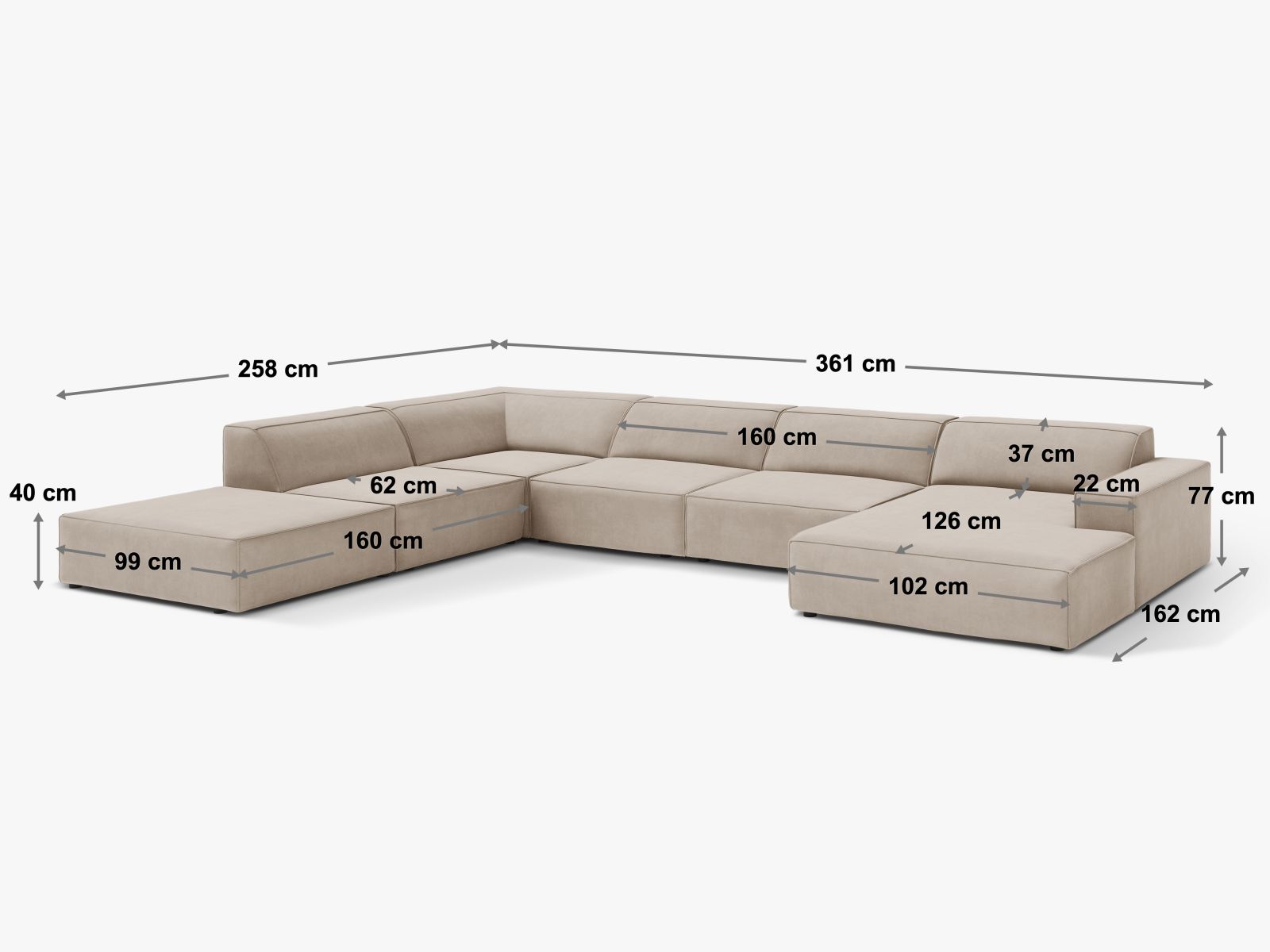 Modulares 7-Sitzer Ecksofa Jodie in warmem Terracotta, perfekt für gemütliche Wohnzimmer, bietet stilvolle Flexibilität und Komfort.