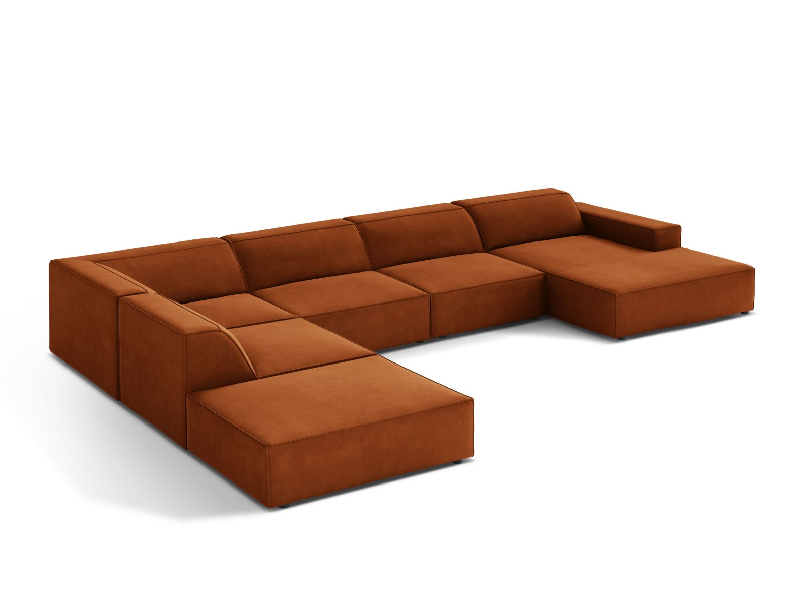 Elegantes, modulares Ecksofa Jodie in Terracotta, ideal für stilvolle Wohnräume, vereint Komfort und Anpassungsfähigkeit.