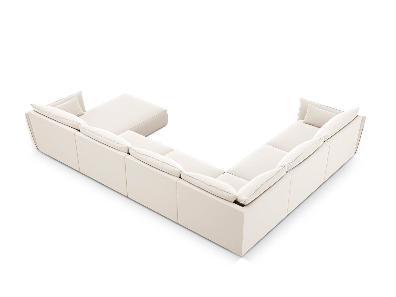 Luxuriöses Kaelle Velour Panoramic Ecksofa links für 8 Personen in einem warmen Beigeton, perfekt für gemütliche und moderne Wohnambiente.
