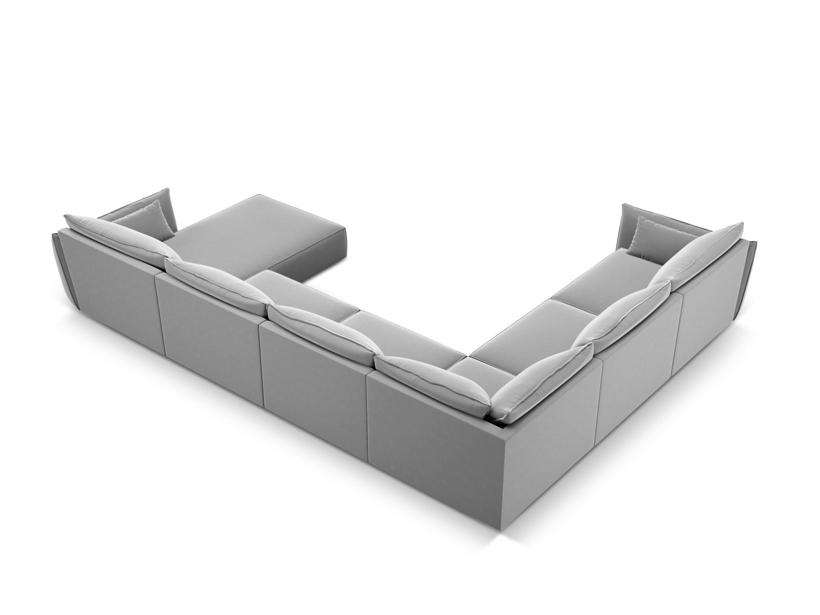 Luxuriöses Kaelle Velour Panoramic Ecksofa links für 8 Personen in trendigem Grey-Bluvel, perfekt für stilvolle Wohnzimmergestaltung.