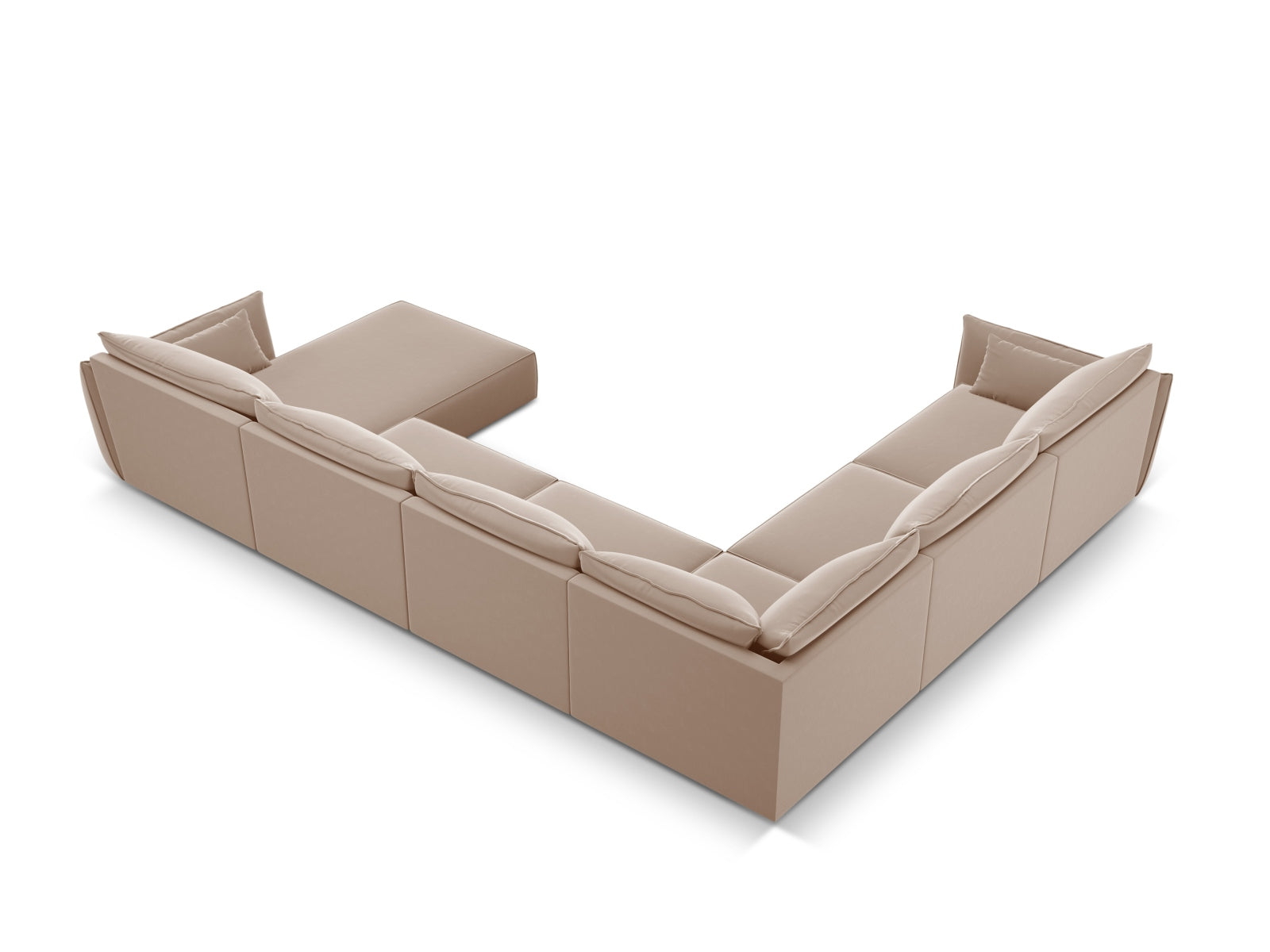 Luxuriöses Kaelle Velour Panoramic Ecksofa links, 8 Sitzer, ideal für großzügige Wohnräume, vereint Komfort und zeitgemäße Eleganz.