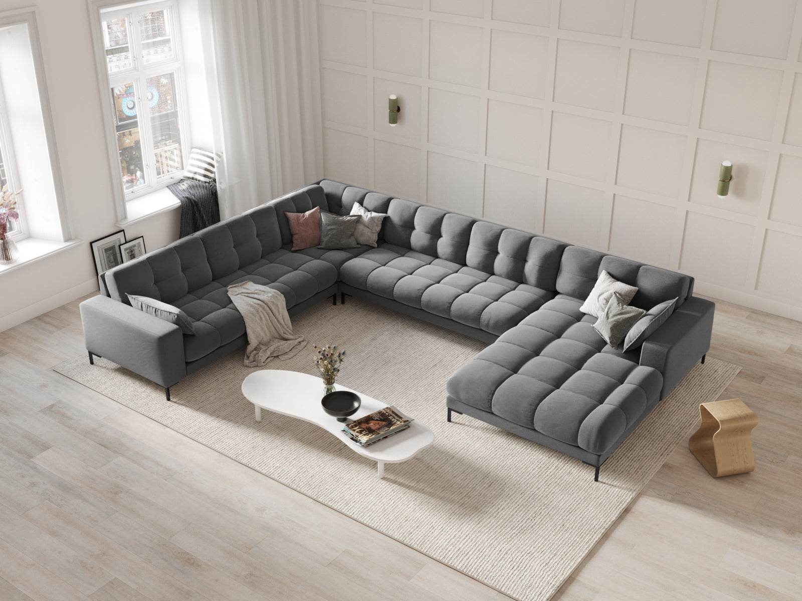 Mamaia Velour Panoramic Ecksofa links 7 Sitzer in Light Grey/Schwarz präsentiert im Onlineshop von KAQTU Design AG. Ecksofa links ist von Micadoni