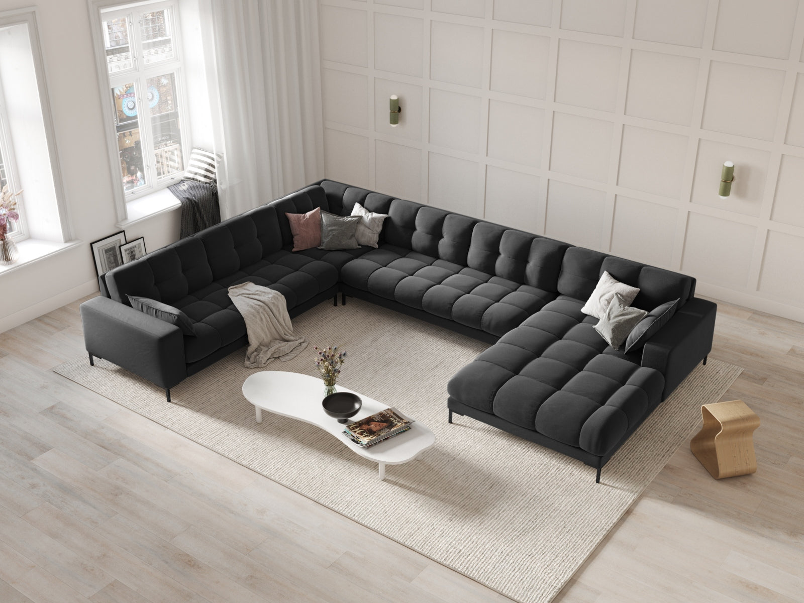 Mamaia Velour Panoramic Ecksofa links 7 Sitzer in Dark Grey/Schwarz präsentiert im Onlineshop von KAQTU Design AG. Ecksofa links ist von Micadoni