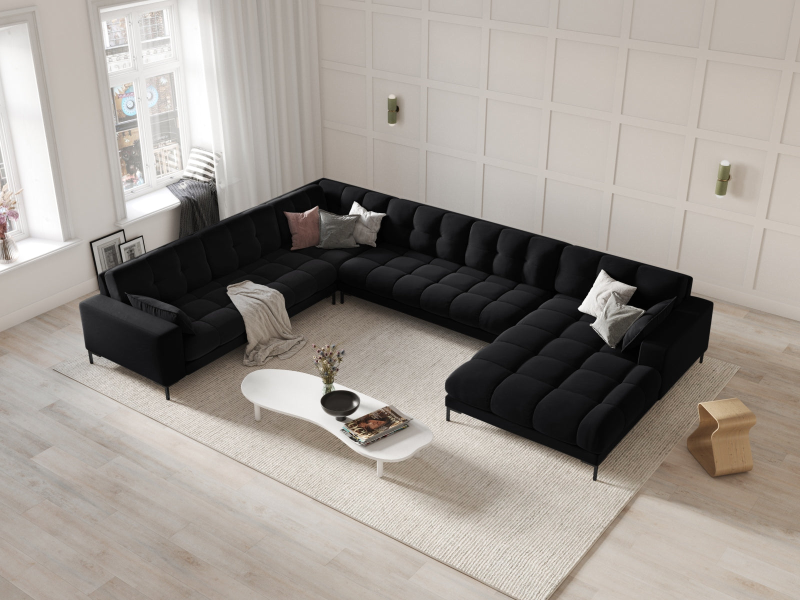 Mamaia Velour Panoramic Ecksofa links 7 Sitzer in Black/Schwarz präsentiert im Onlineshop von KAQTU Design AG. Ecksofa links ist von Micadoni