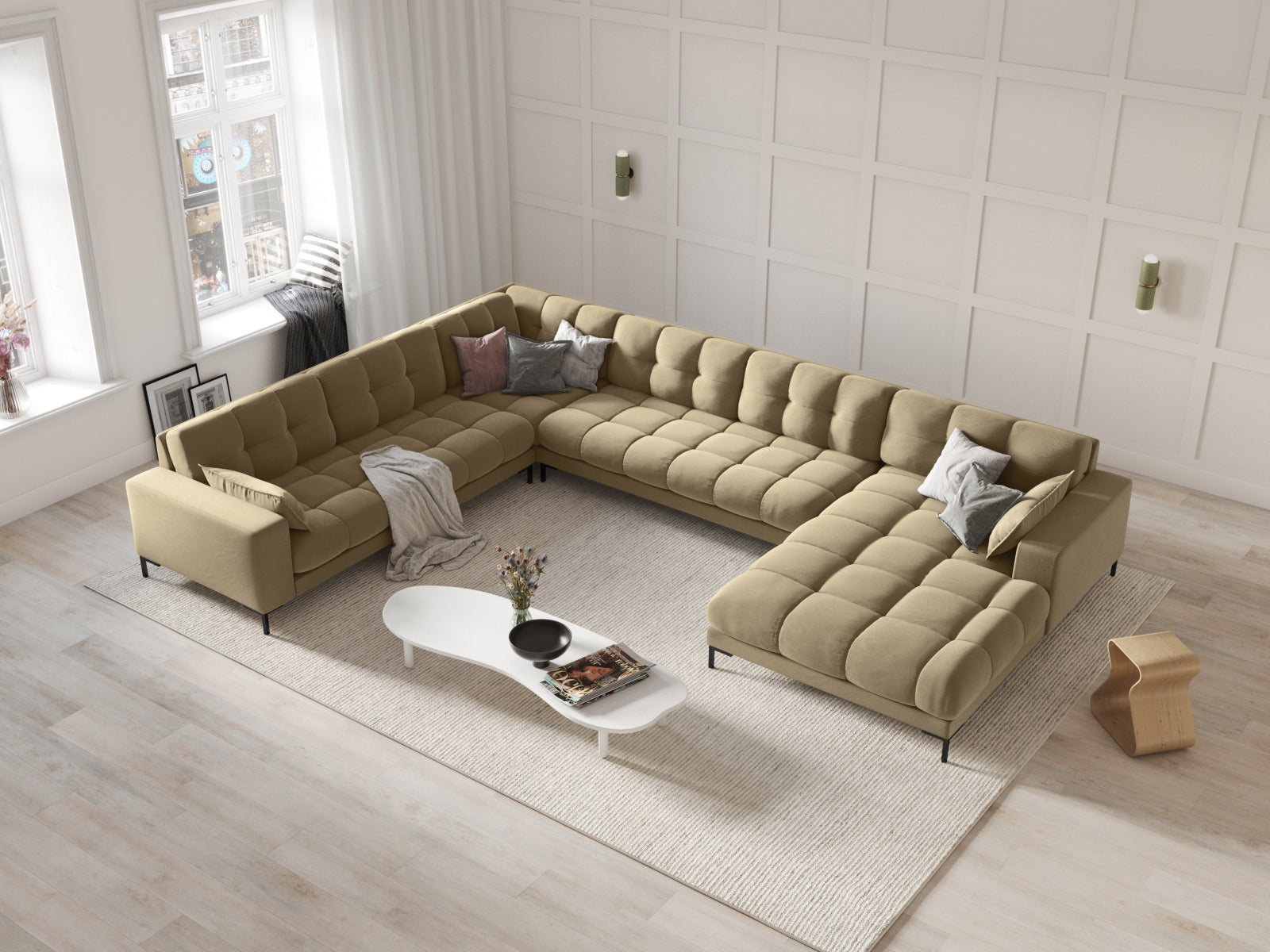 Mamaia Velour Panoramic Ecksofa links 7 Sitzer in Beige/Schwarz präsentiert im Onlineshop von KAQTU Design AG. Ecksofa links ist von Micadoni