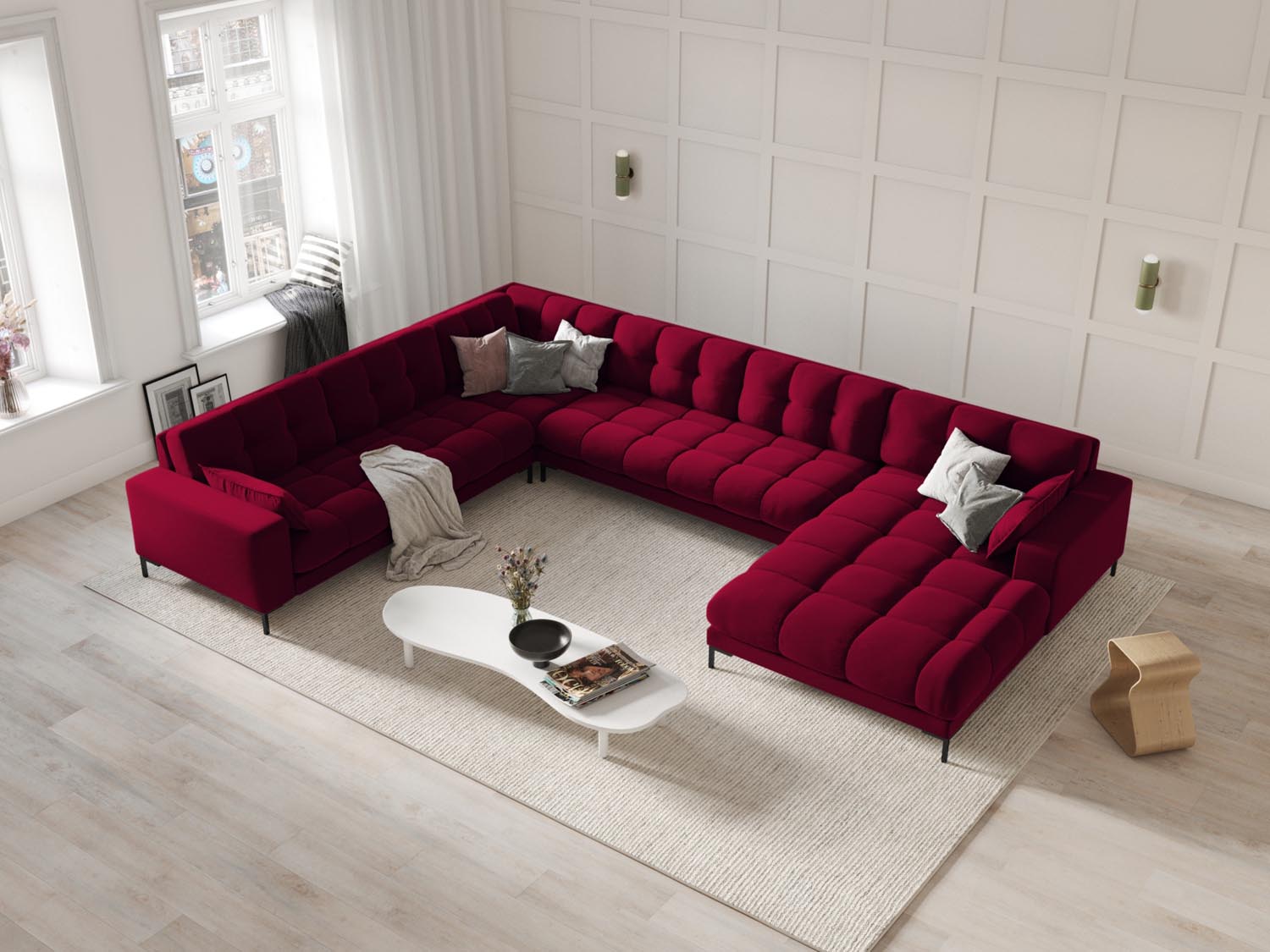 Elegantes Mamaia Velour Panoramic Ecksofa links in stilvollem Rot und Schwarz, ideal für moderne Wohnräume und gemütliche Abende.