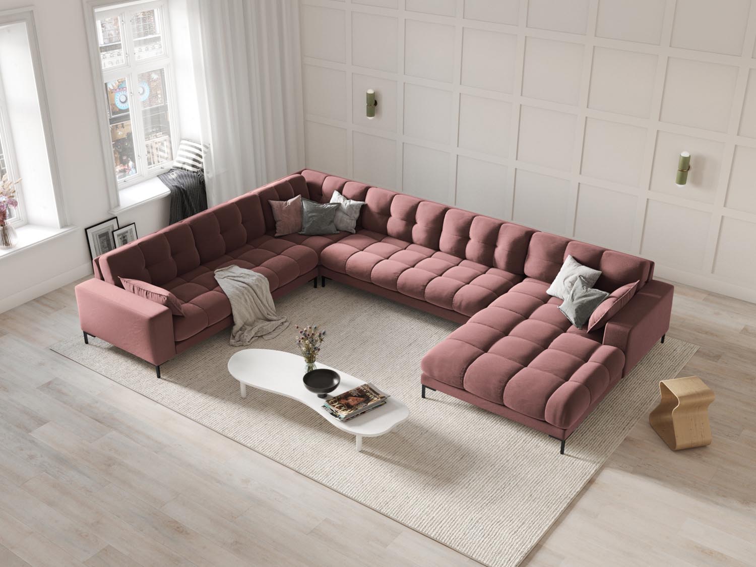 Elegantes Mamaia Velour Panoramic Ecksofa links in stilvollem Pink und Schwarz, ideal für moderne Wohnräume und gemütliche Abende.