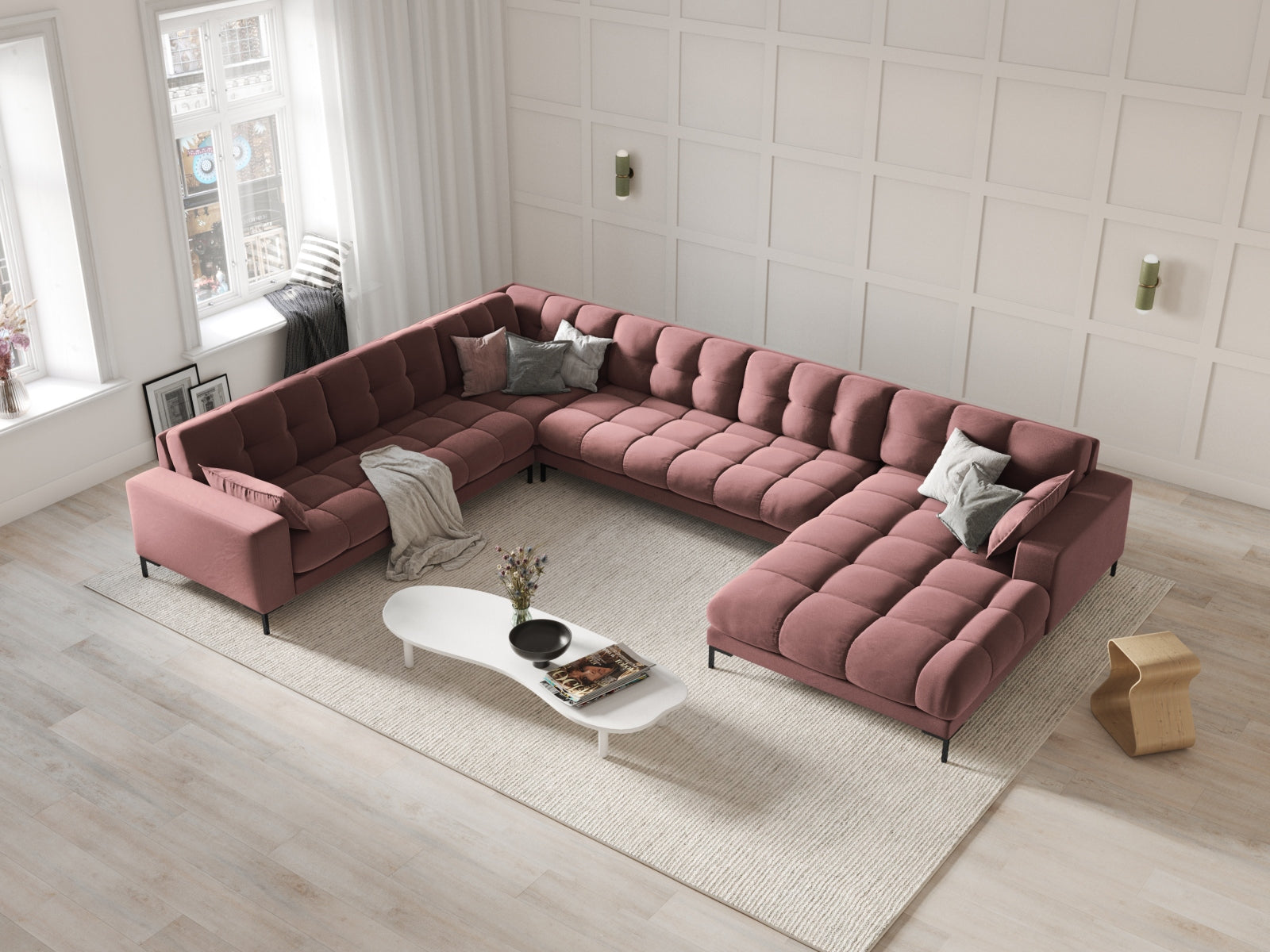 Mamaia Velour Panoramic Ecksofa links 7 Sitzer in Pink/Schwarz präsentiert im Onlineshop von KAQTU Design AG. Ecksofa links ist von Micadoni