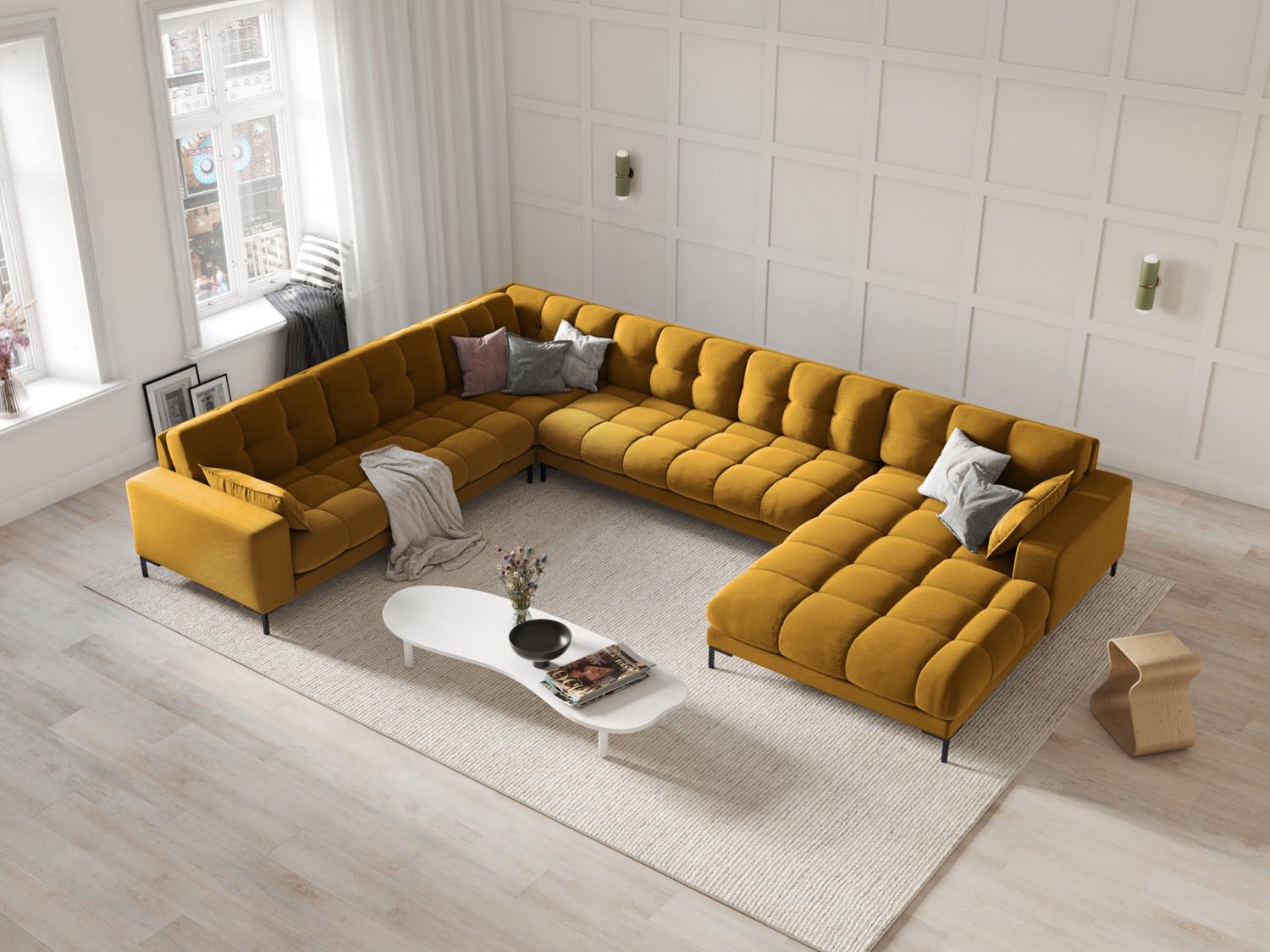 Elegantes Mamaia Velour Panoramic Ecksofa links in stilvollem Gelb und Schwarz, ideal für moderne Wohnräume und gemütliche Abende.