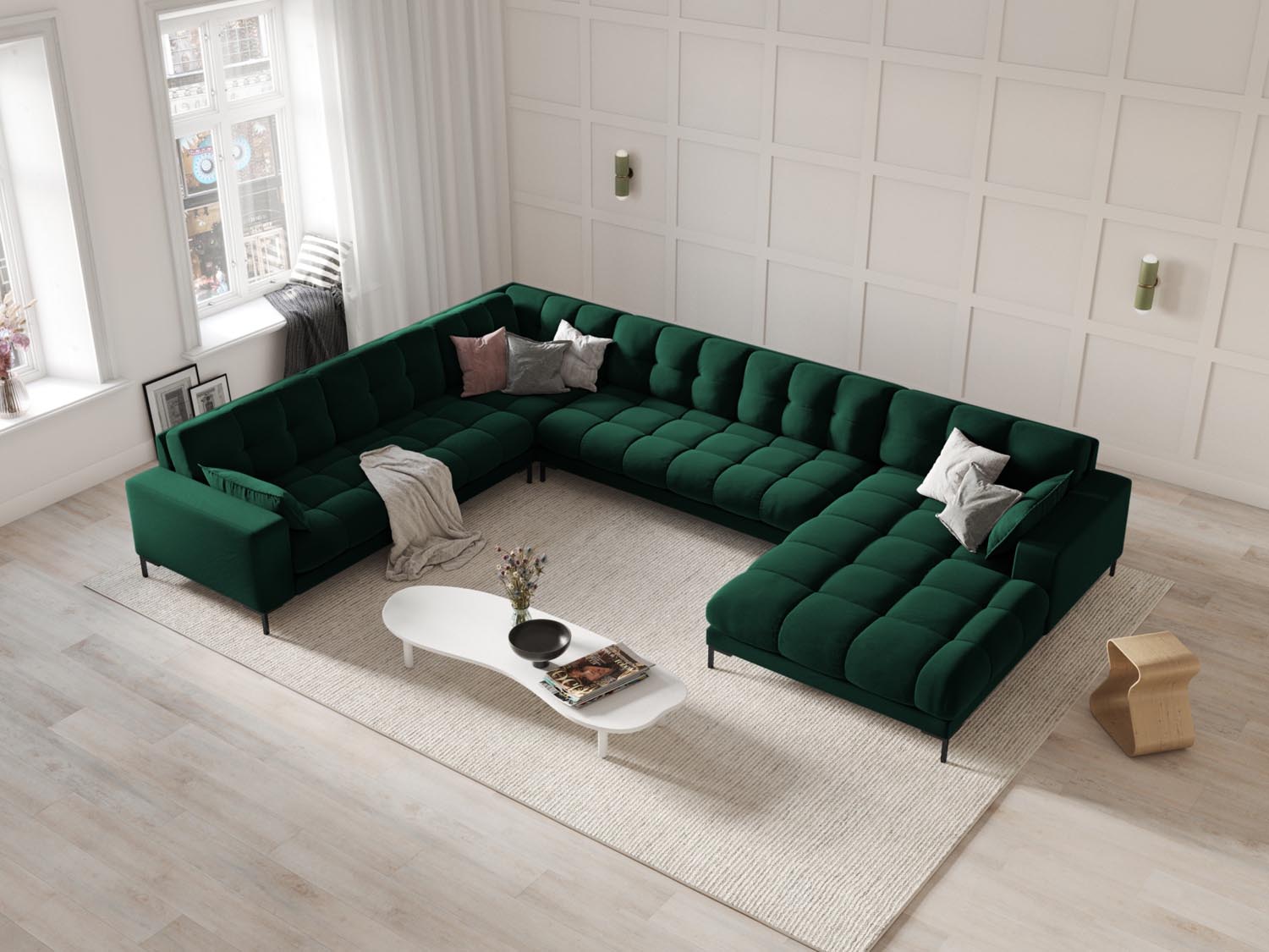 Elegantes Mamaia Velour Panoramic Ecksofa links in sattem Flaschengrün und Schwarz-Bluvel, ideal für stilvolle Wohnräume.