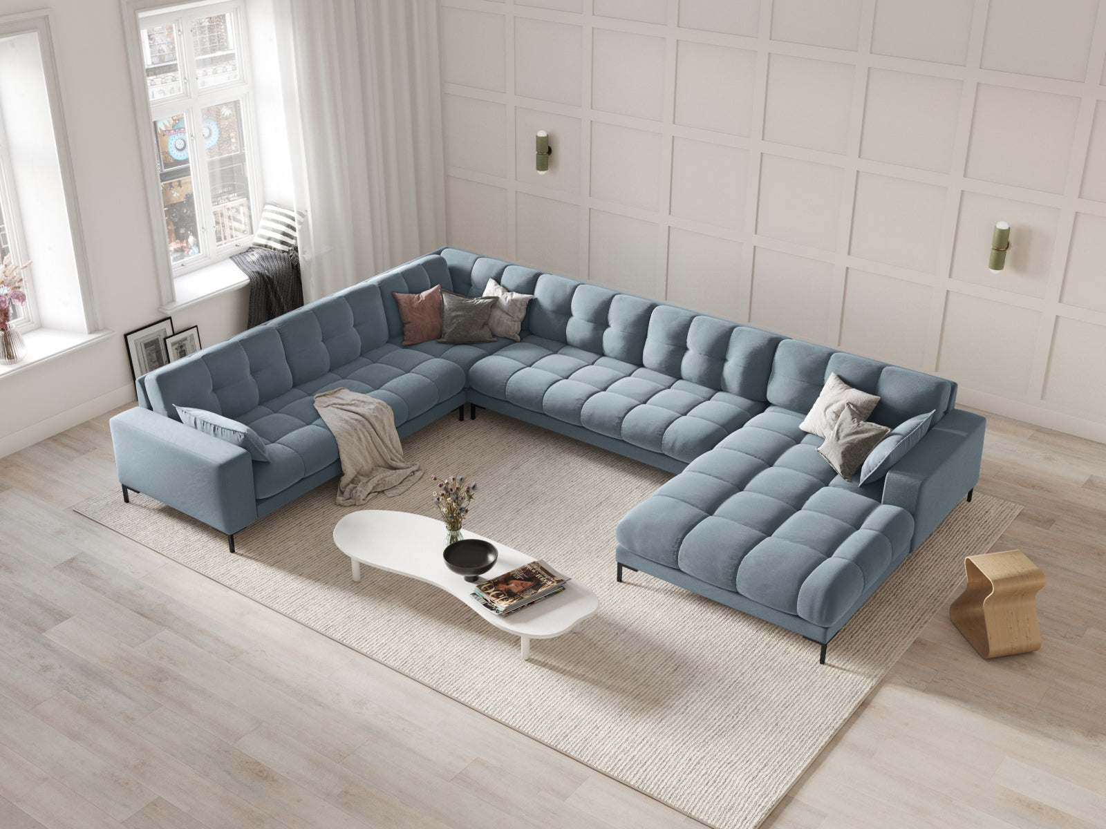 Mamaia Velour Panoramic Ecksofa links 7 Sitzer in Light Blue/Schwarz präsentiert im Onlineshop von KAQTU Design AG. Ecksofa links ist von Micadoni