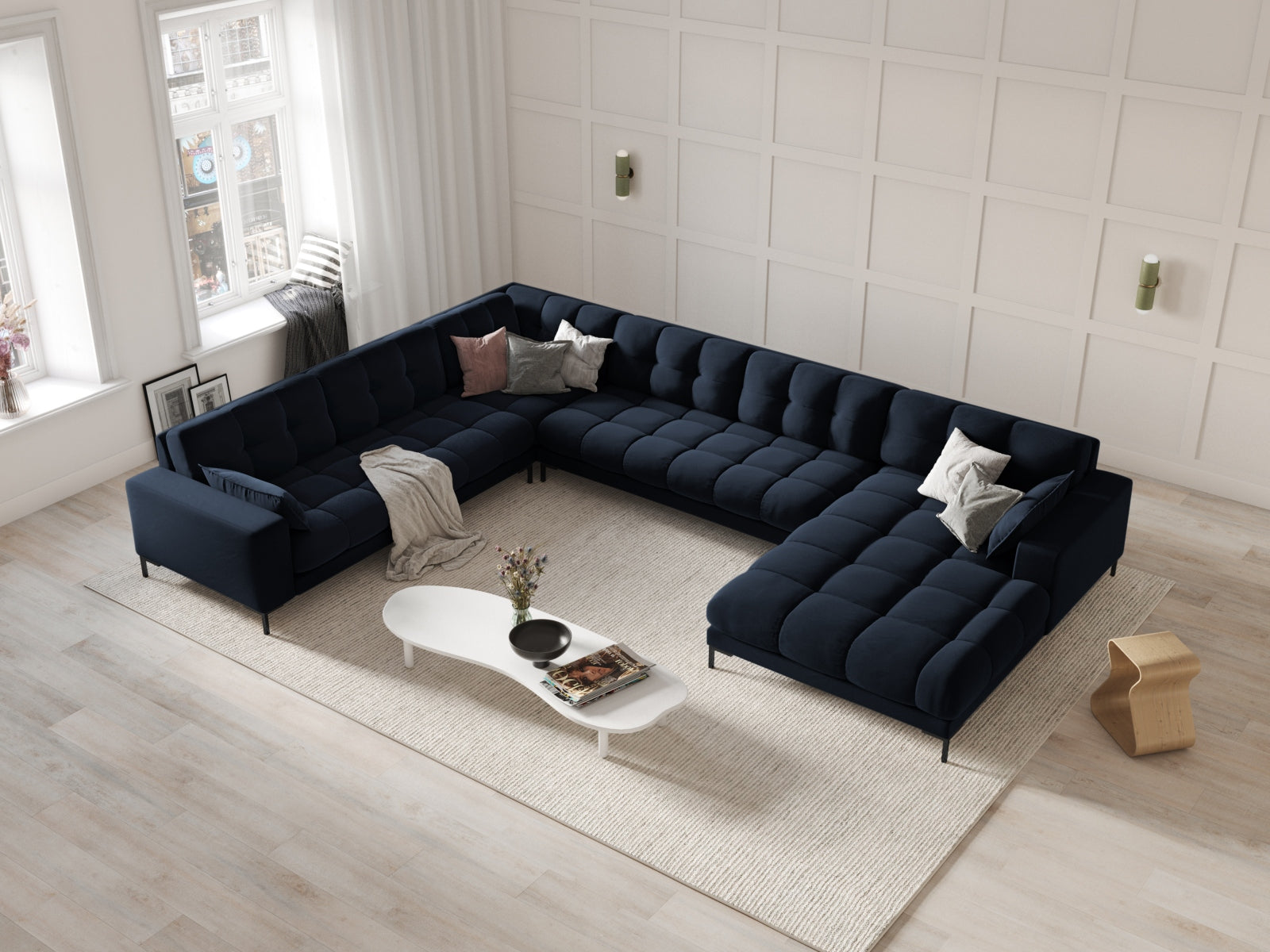 Mamaia Velour Panoramic Ecksofa links 7 Sitzer in Dark Blue/Schwarz präsentiert im Onlineshop von KAQTU Design AG. Ecksofa links ist von Micadoni