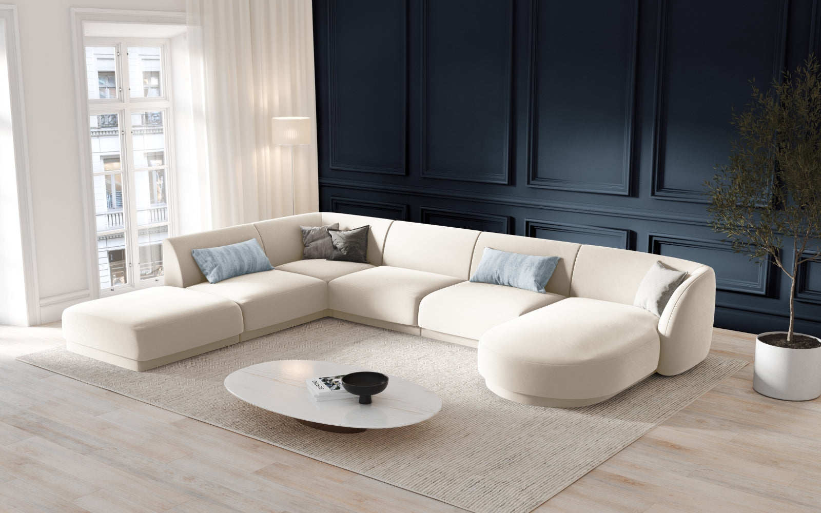 Miley Velour Panoramic Ecksofa links 6 Sitzer in Light Beige-Bluvel präsentiert im Onlineshop von KAQTU Design AG. Ecksofa links ist von Micadoni