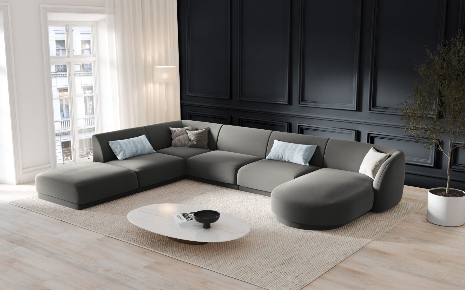 Miley Velour Panoramic Ecksofa links 6 Sitzer in Light Grey präsentiert im Onlineshop von KAQTU Design AG. Ecksofa links ist von Micadoni