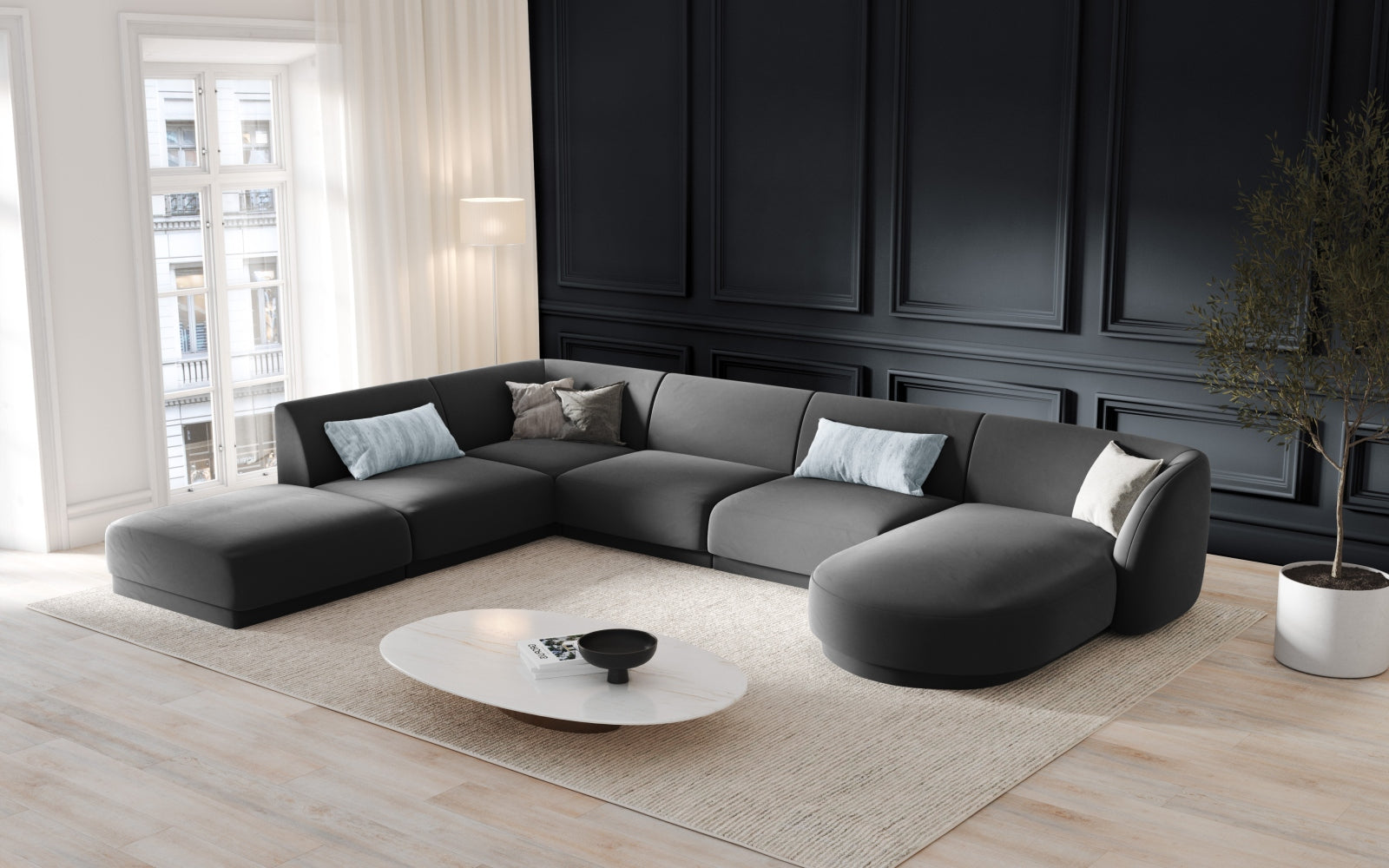 Elegantes Miley Velour Panoramic Ecksofa links in stilvollem Grau-Blau, ideal für moderne Wohnräume und gemütliche Abende.
