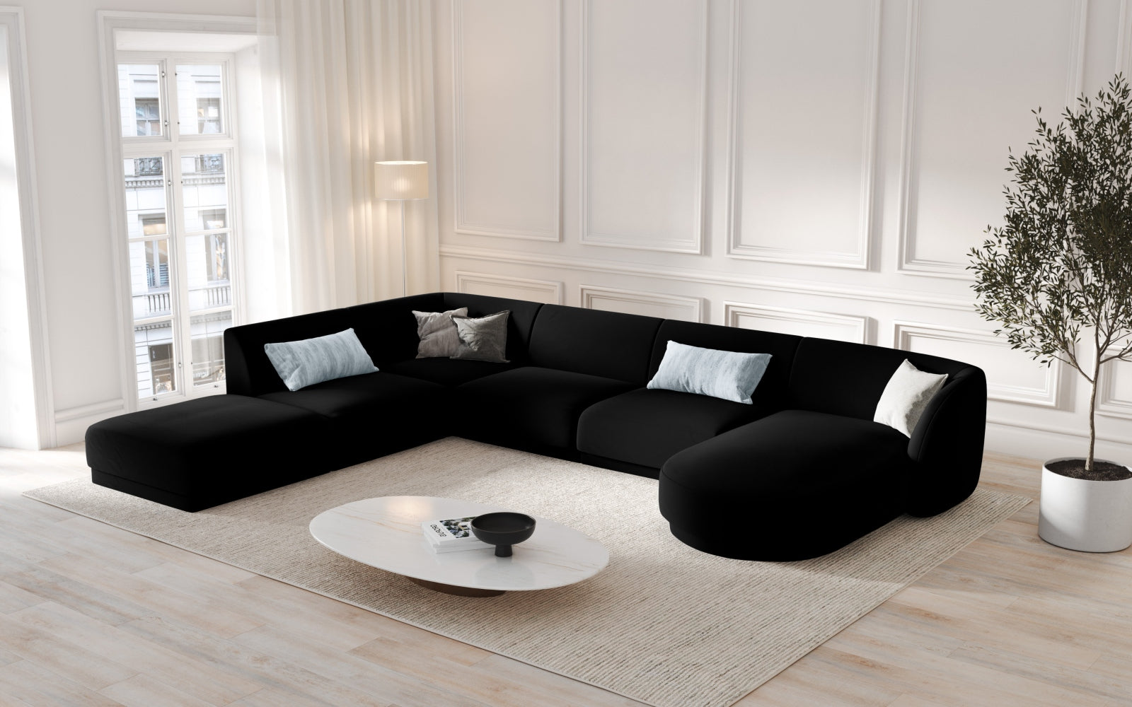 Miley Velour Panoramic Ecksofa links 6 Sitzer in Black präsentiert im Onlineshop von KAQTU Design AG. Ecksofa links ist von Micadoni