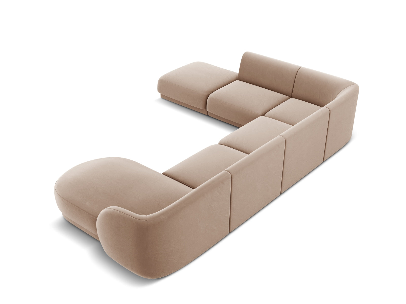Elegantes Miley Velour Panoramic Ecksofa links für 6 Personen in hochwertigem Cappuccino-Bluvel, ideal für moderne Wohnräume.