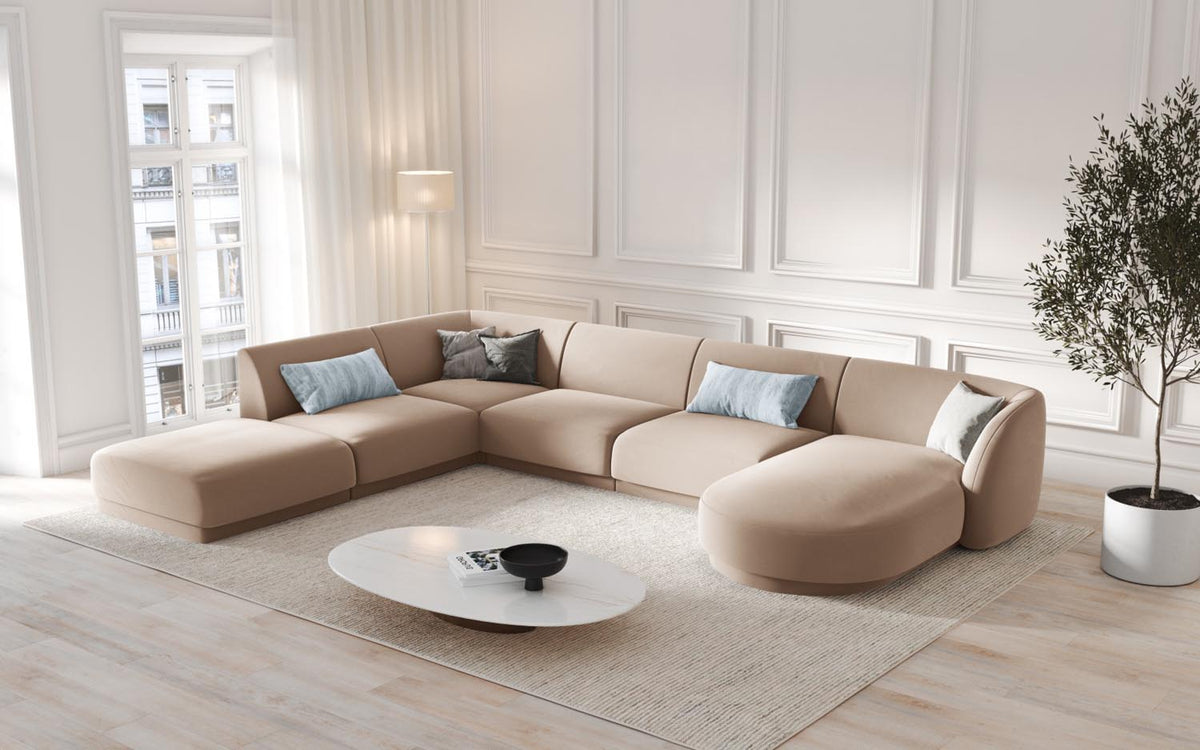 Miley Velour Panoramic Ecksofa links 6 Sitzer in Cappuccino-Bluvel präsentiert im Onlineshop von KAQTU Design AG. Ecksofa links ist von Micadoni