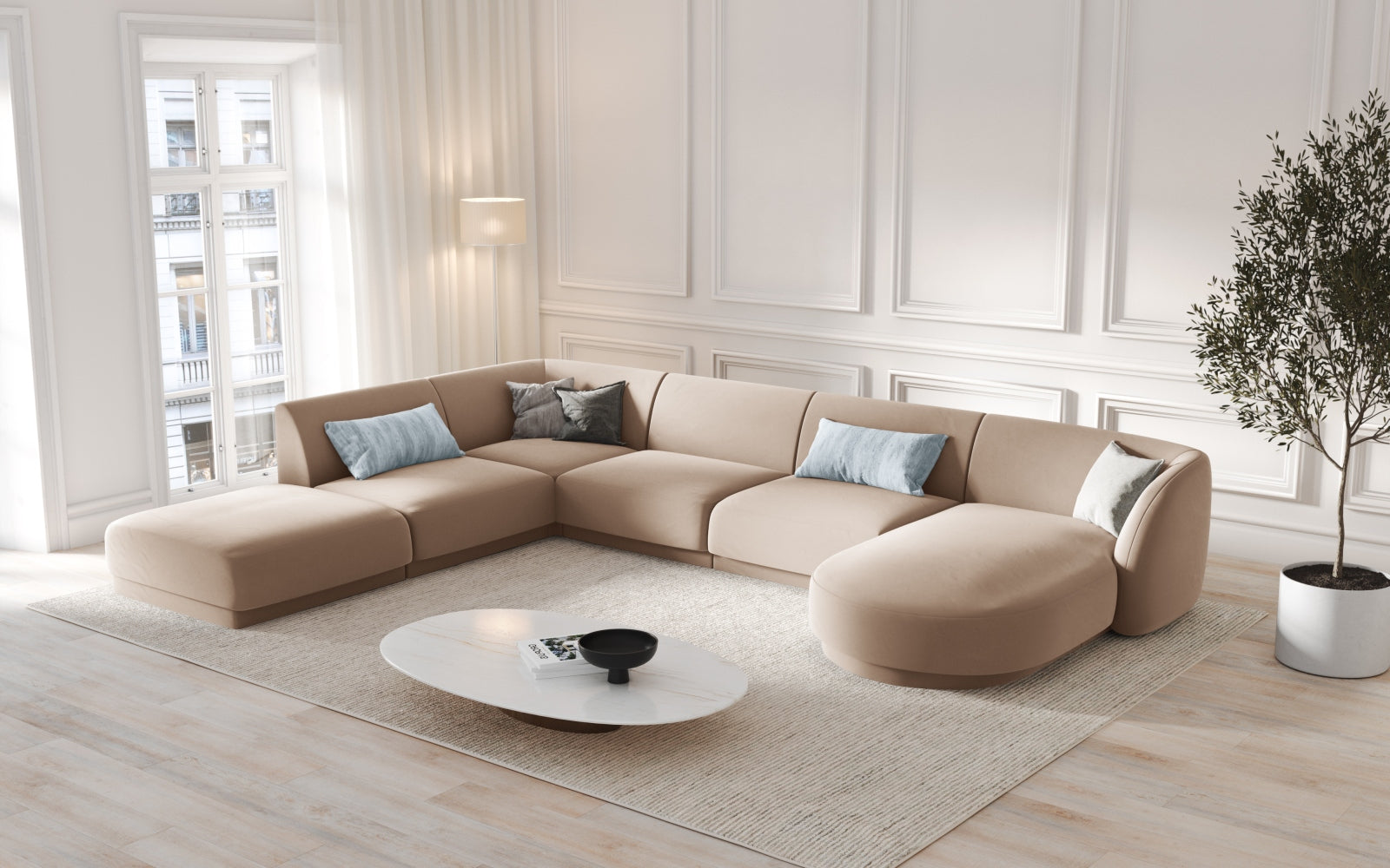 Miley Velour Panoramic Ecksofa links 6 Sitzer in Cappuccino präsentiert im Onlineshop von KAQTU Design AG. Ecksofa links ist von Micadoni