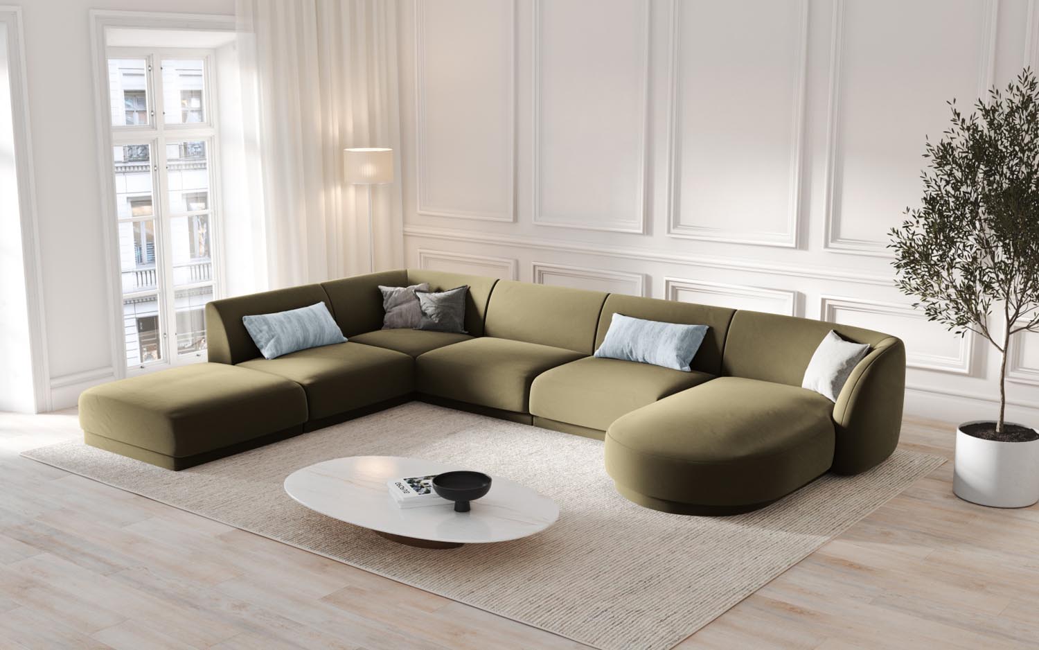 Elegantes Miley Velour Panoramic Ecksofa links in stilvollem Green-Bluvel, ideal für moderne Wohnräume und gemütliche Abende.