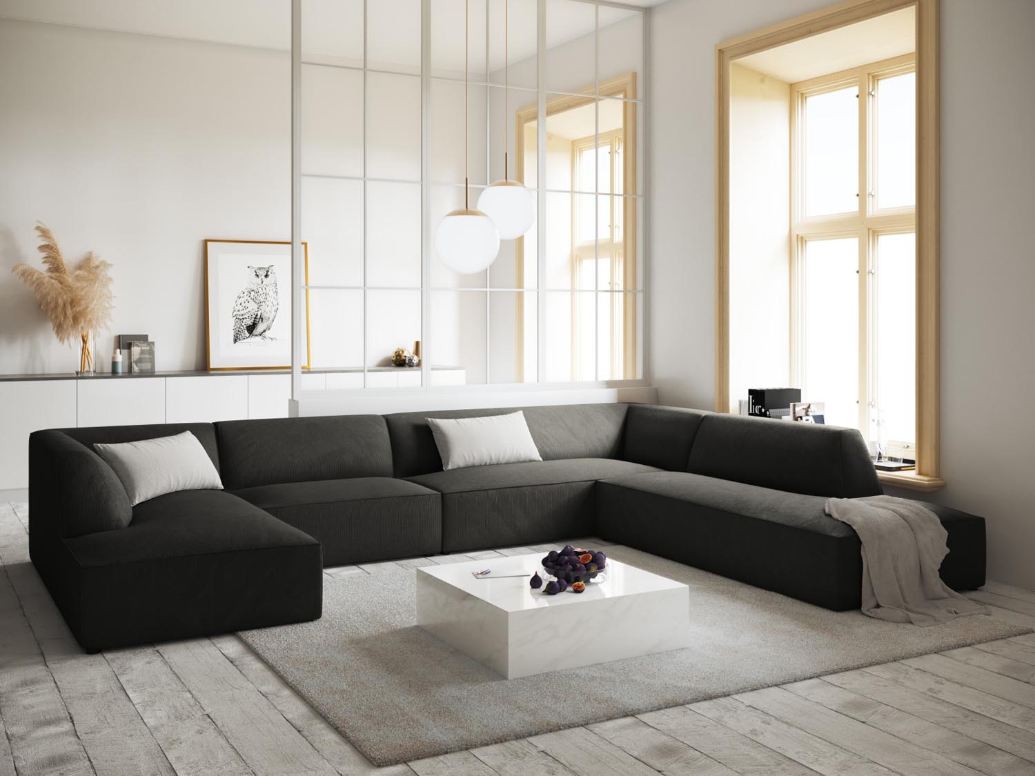 Stylisches Ruby Panoramic Ecksofa rechts, 7 Sitzer in elegantem Dunkelgrau, ideal für moderne Wohnräume und gemütliche Abende.