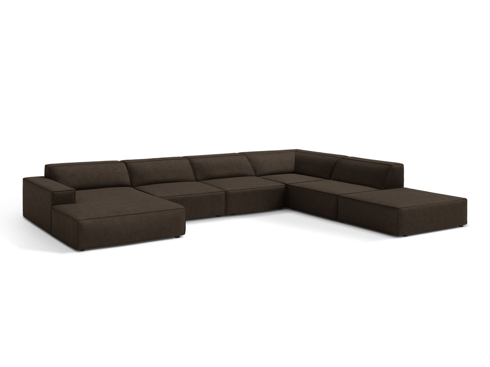 Elegantes, modulares 7-Sitzer Ecksofa Jodie Boucle in warmem Braun, ideal für stilvolle Wohnräume, präsentiert von Micadoni.