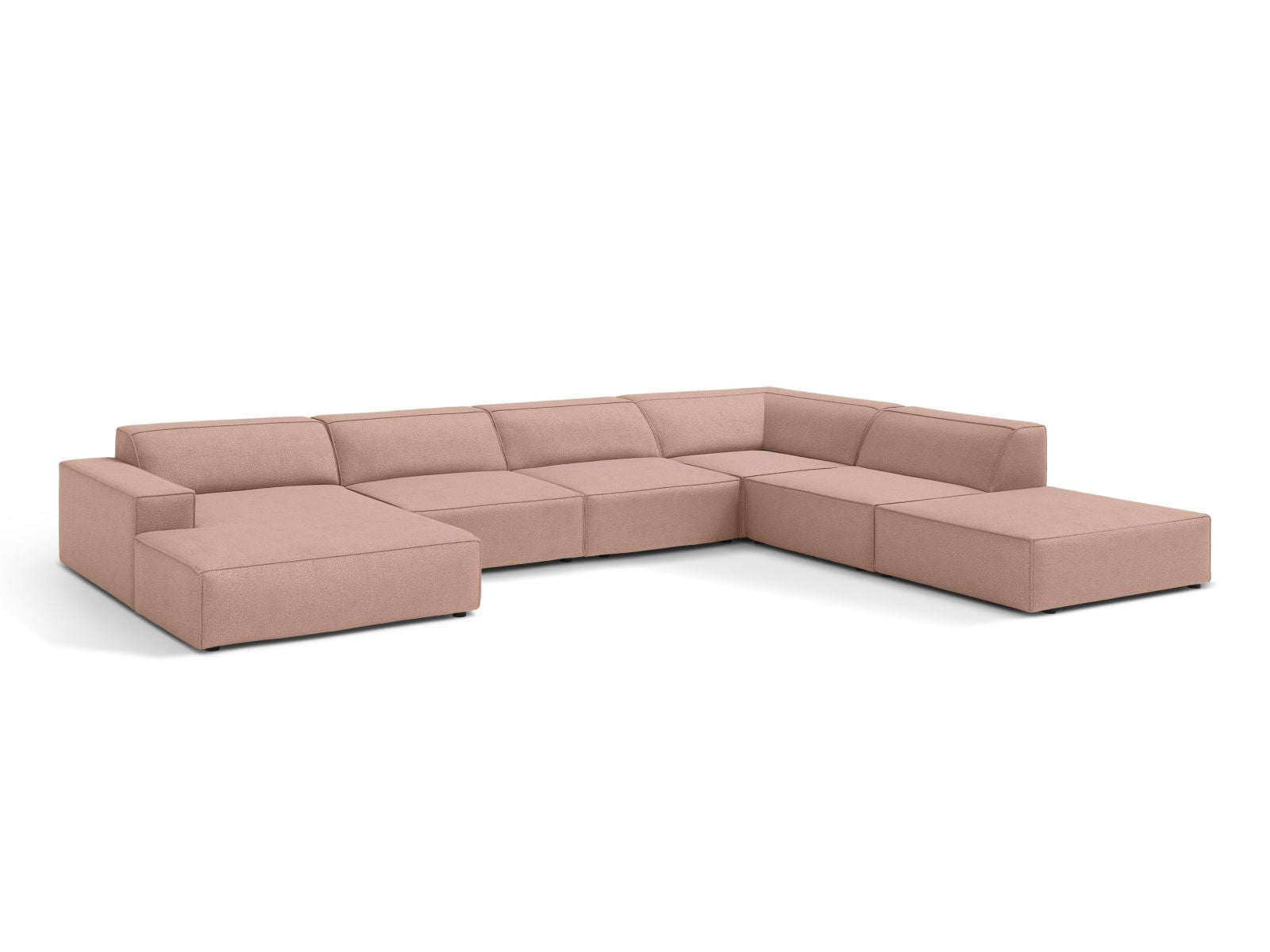 Elegantes, modulares 7-Sitzer Ecksofa Jodie Boucle in sanftem Powder Pink, ideal für stilvolle Wohnräume.