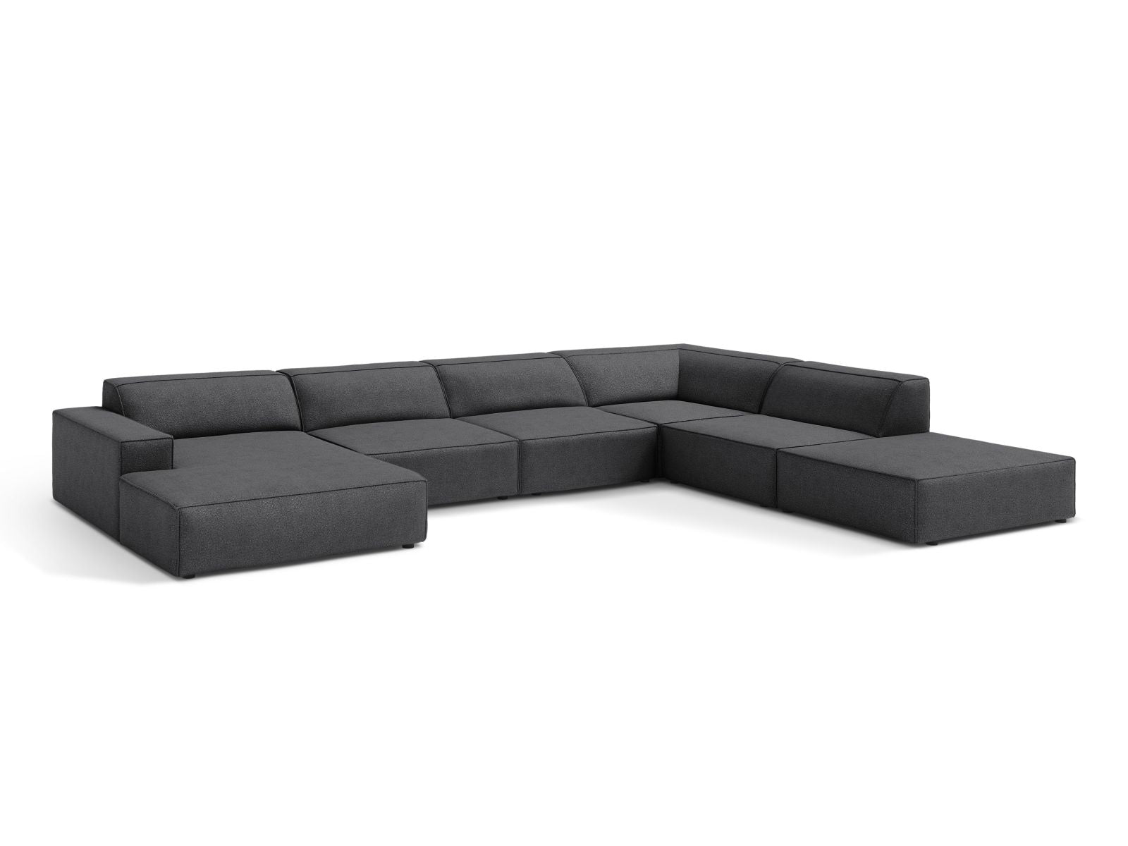 Elegantes, modulares 7-Sitzer Ecksofa Jodie Boucle in Dunkelgrau, ideal für stilvolle Wohnräume, präsentiert von Micadoni.