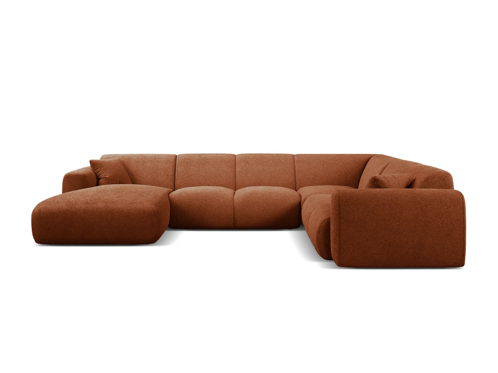 Elegantes 6-Sitzer Ecksofa Molino in Terracotta-Baloo, ideal für moderne Wohnräume, mit modularer Panoramafunktion und rechter Ecke.
