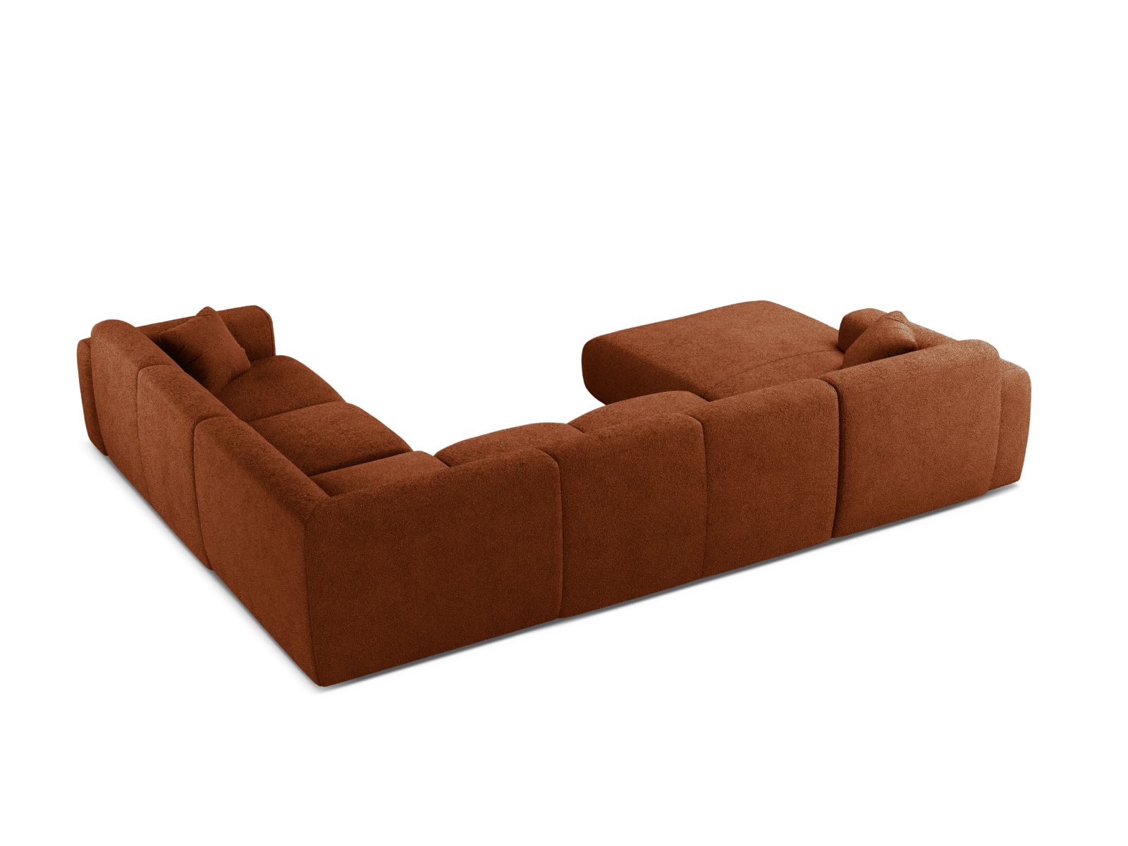 Stilvolles 6-Sitzer Ecksofa Molino in warmem Terracotta, perfekt für gemütliche Wohnzimmer, mit flexibler Panoramafunktion und rechter Eckanordnung.