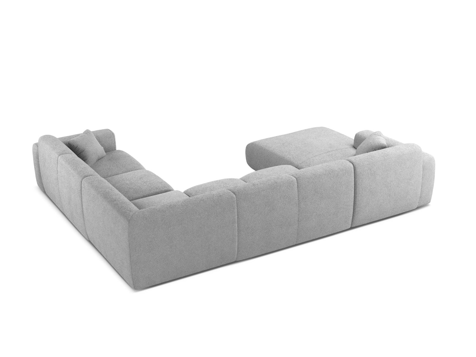Stilvolles 6-Sitzer Ecksofa Molino in sanftem Grau, perfekt für zeitgemäße Interiors, mit flexibler Panoramafunktion und rechter Eckanordnung.