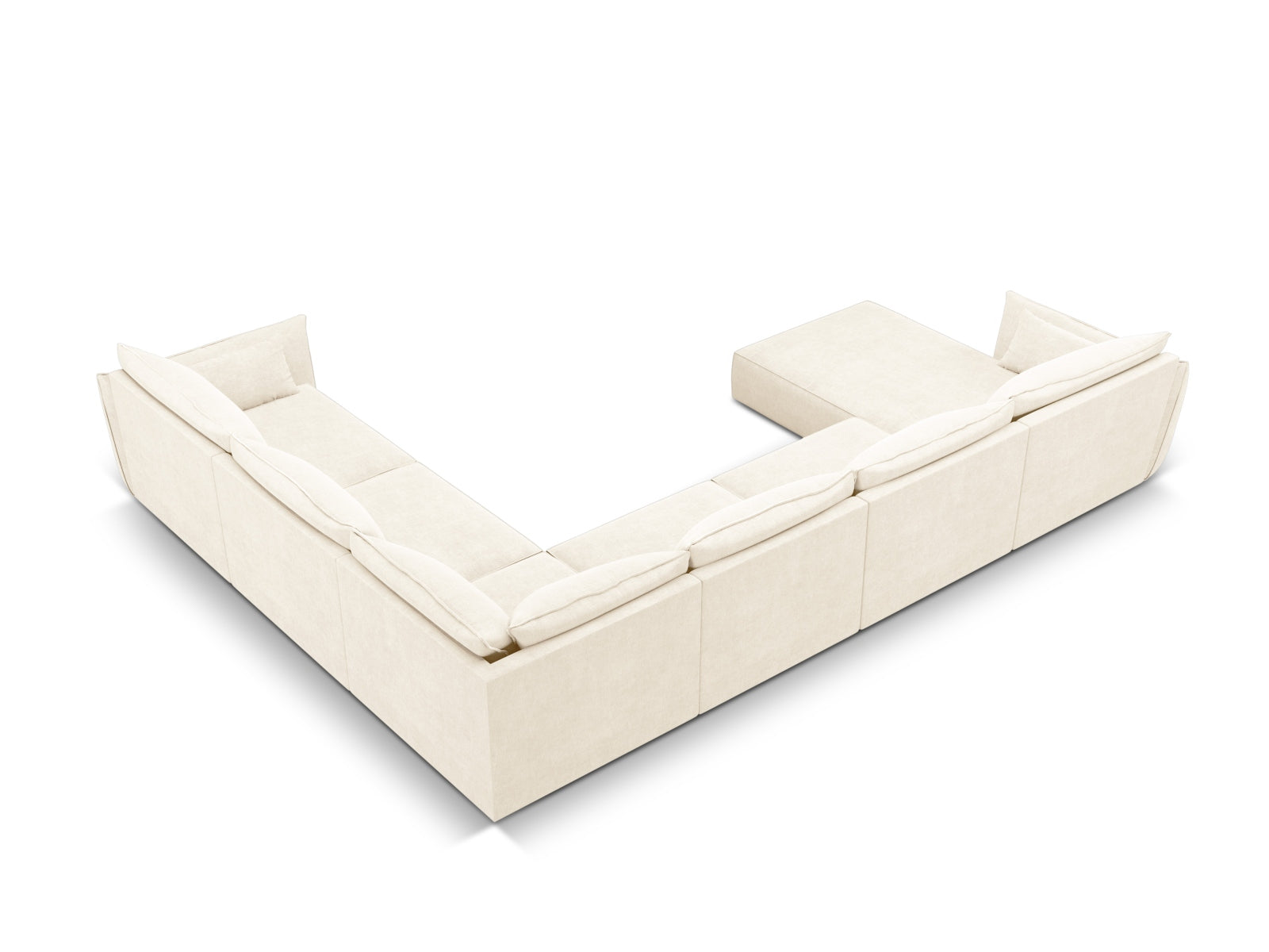Modernes Kaelle Panoramic Ecksofa rechts für 8 Personen in sanftem Beige, perfekt für gesellige Runden und stilvolle Einrichtung.