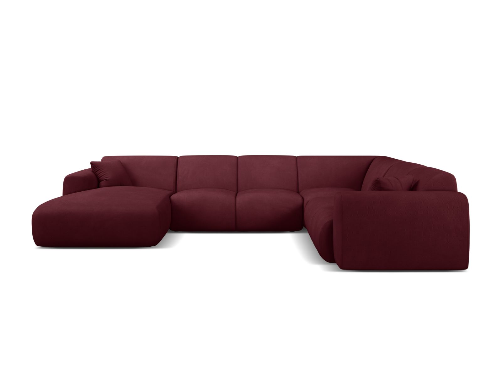 Elegantes 6-Sitzer Ecksofa Molino in Bordeaux-Rebel, ideal für moderne Wohnräume, mit modularer Bauweise für individuellen Komfort.