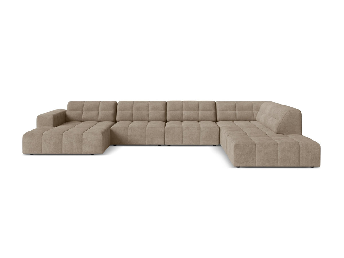 Panoramasofa Jennifer von Micadoni in leichtem Beige, Ecksofa rechts mit Bluvel-Stoffbezug, Rückenlehne und schwarzen Kunststoffbeinen aus Polypropylen.