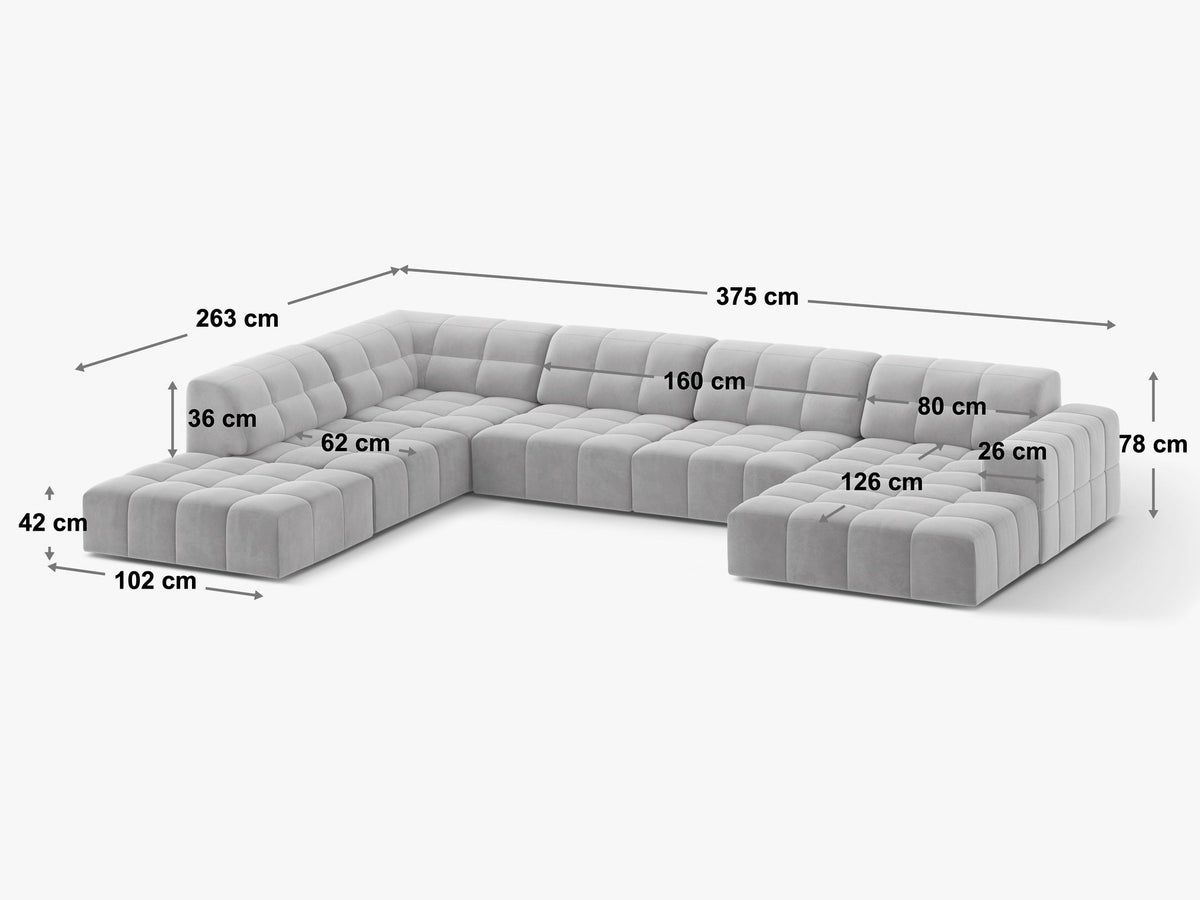 Panoramasofa Jennifer von Micadoni in leichtem Beige, Ecksofa rechts mit Bluvel-Stoffbezug, Rückenlehne und schwarzen Kunststoffbeinen aus Polypropylen.